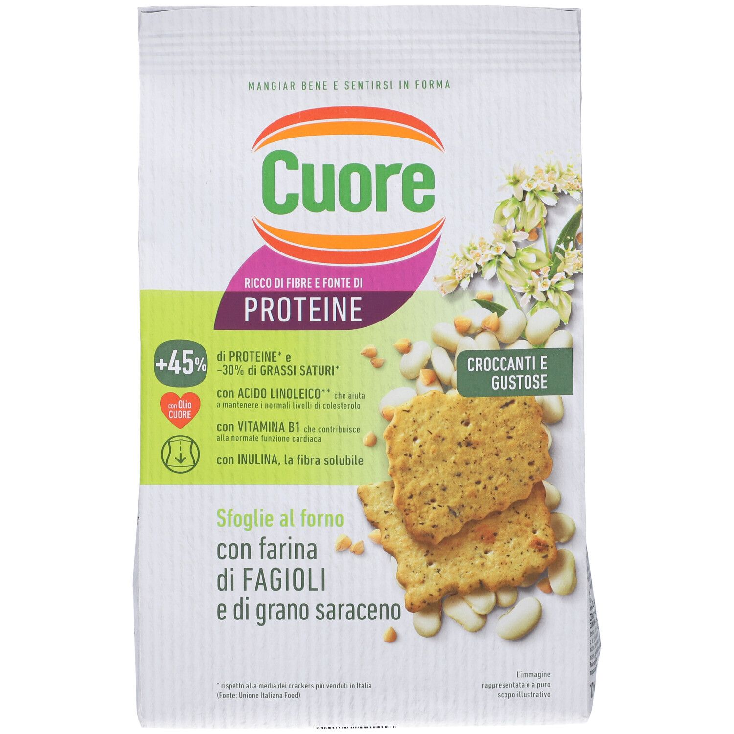 Confezione di Cuore Sfoglie al Forno con farina di fagioli e grano saraceno. In evidenza: proteine, fibre, grassi sani.