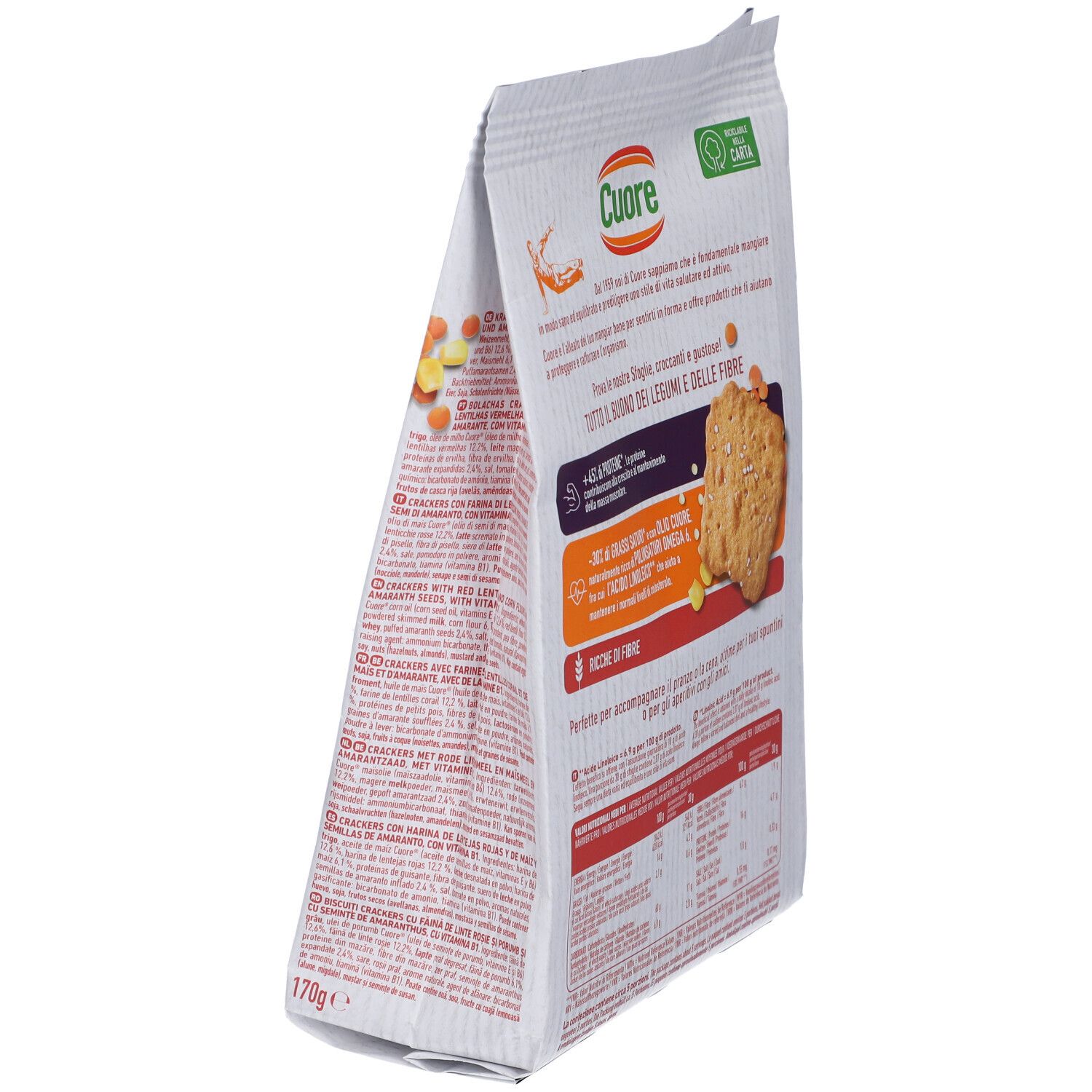 Vista laterale della confezione di Cuore Sfoglie al Forno, con focus su ingredienti e valori nutrizionali.