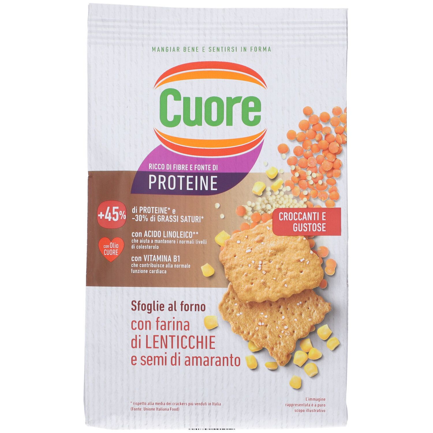 Confezione di Cuore Sfoglie al Forno con Farina di Lenticchie e Semi di Amaranto, mostra biscotti e lenticchie.