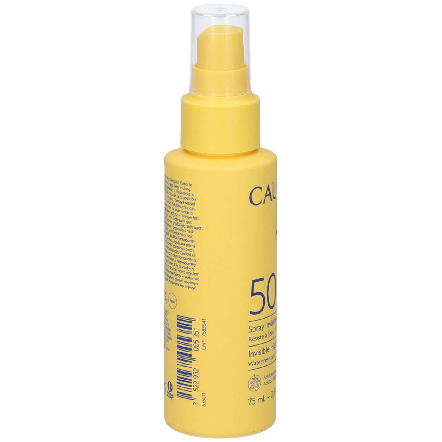 Flacone spray giallo con testo. Retro con testo e codice a barre. Erogatore trasparente.