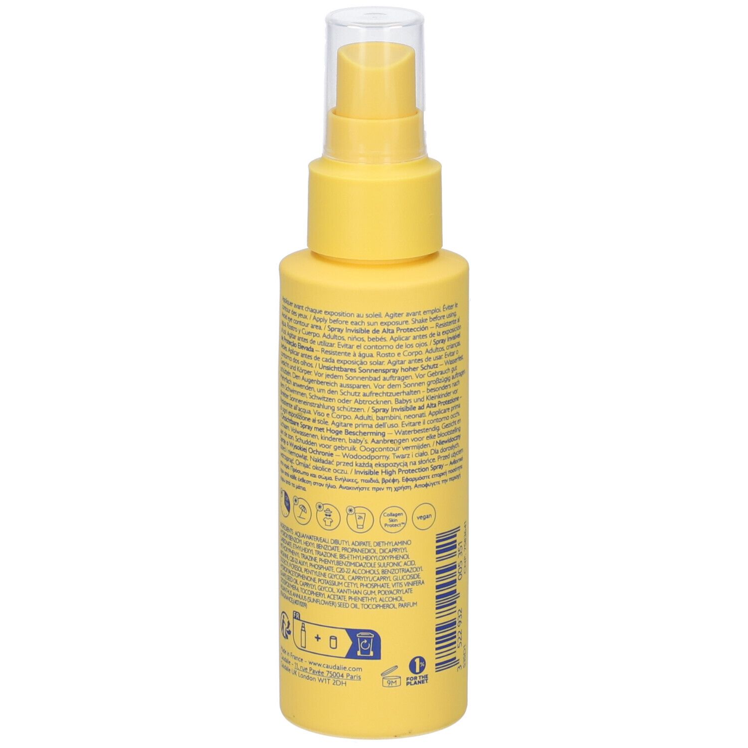 Flacone spray giallo con testo. Retro con testo e pittogrammi. Erogatore trasparente.