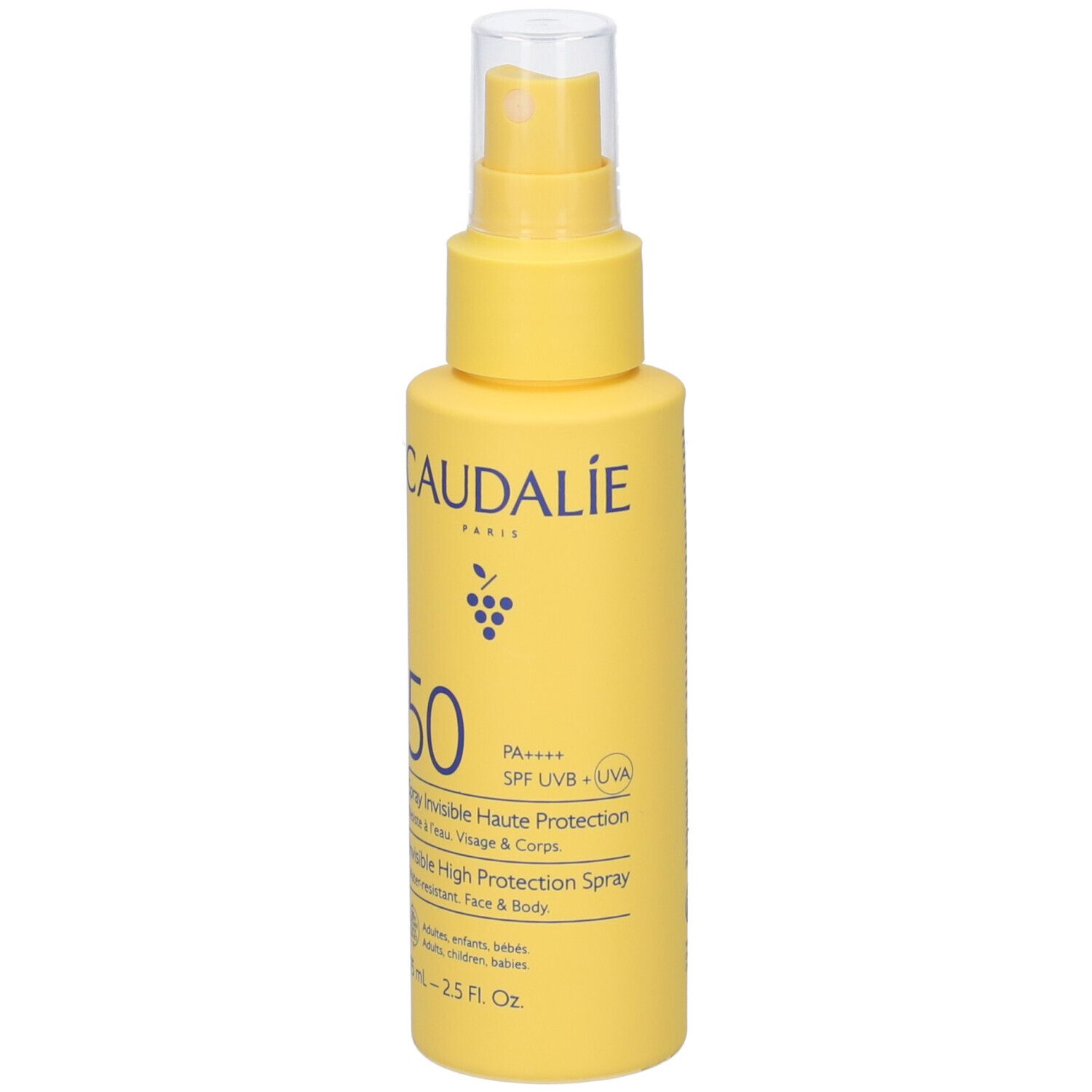Flacone spray giallo con scritta CAUDALIE PARIS, 50, Spray Invisible Haute Protection. Erogatore trasparente.