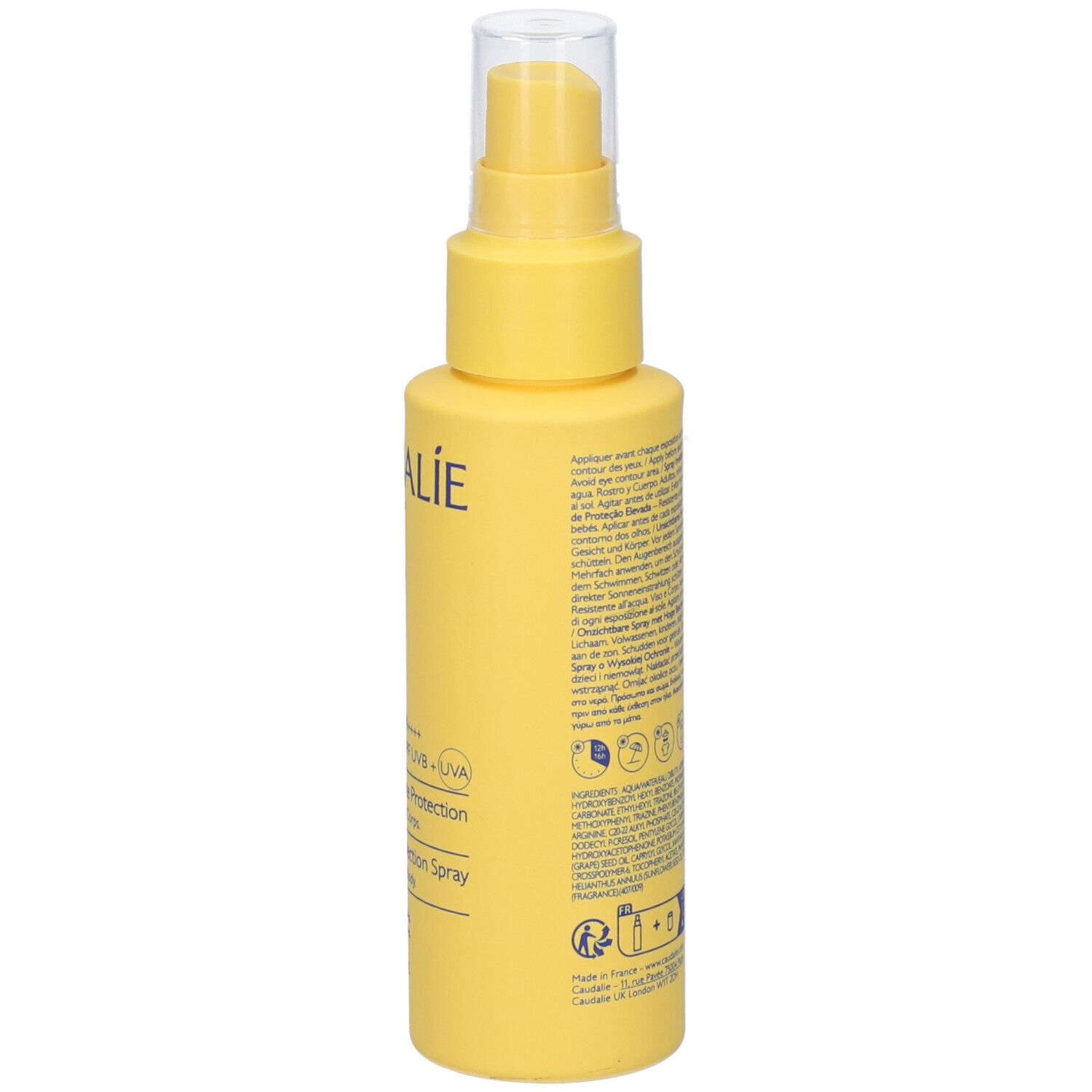 Flacone spray giallo con testo. Retro con testo e pittogrammi. Erogatore trasparente.