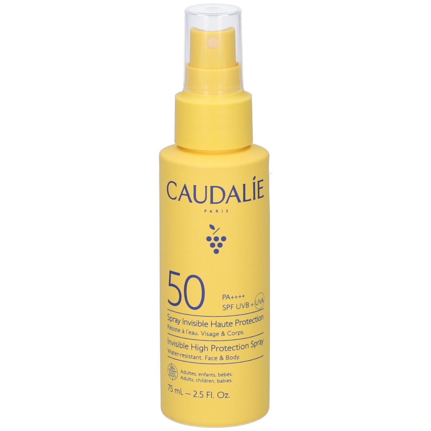 Flacone spray giallo con scritta CAUDALIE PARIS, 50, Spray Invisible Haute Protection. Erogatore trasparente.
