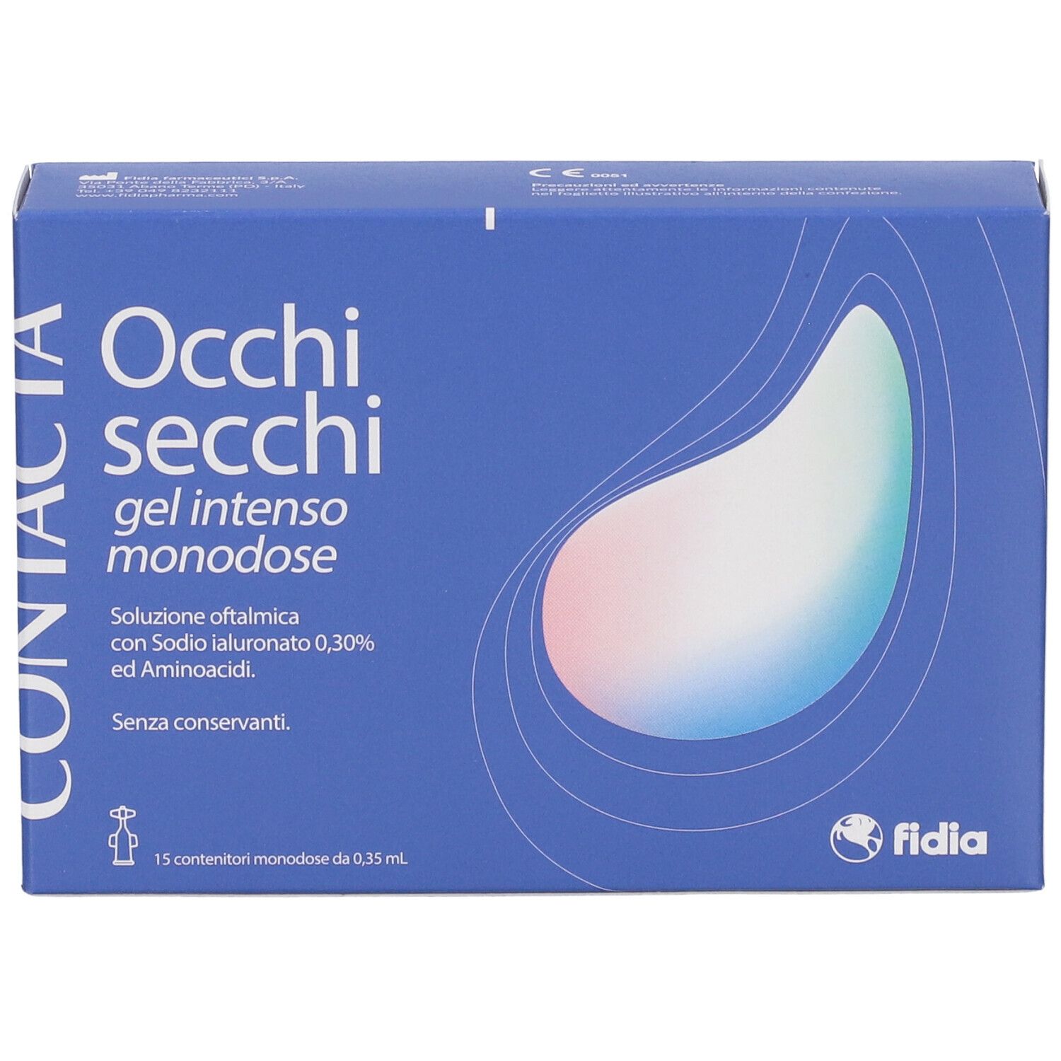 Scatola Fidia Contacta Occhi Secchi Monodose, confezione blu.