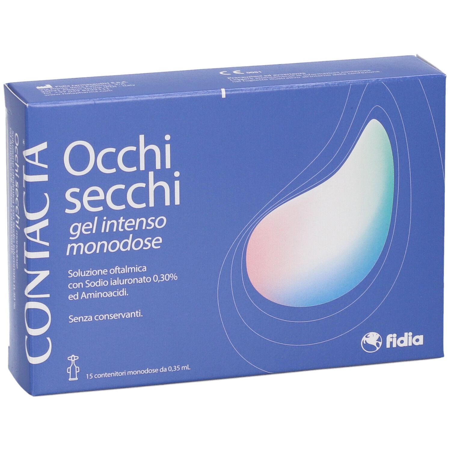Confezione in cartone blu per "Occhi secchi gel intenso monodose". Contiene 15 contenitori monodose.
