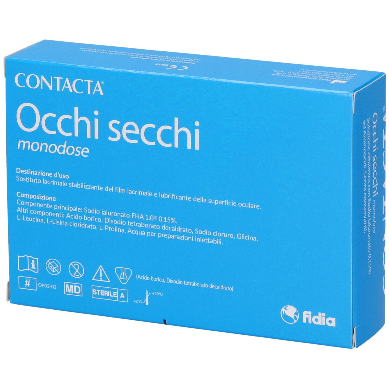 Confezione blu per Contacta Occhi Secchi Monodose. Testo in italiano e inglese. Marchio CE e simboli medici.