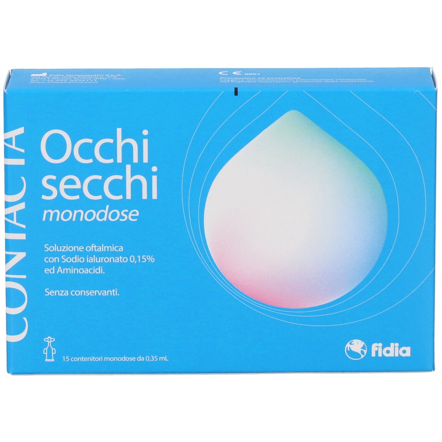 Confezione "Occhi secchi monodose" di Contacta, 15 contenitori monodose da 0,35 ml.
