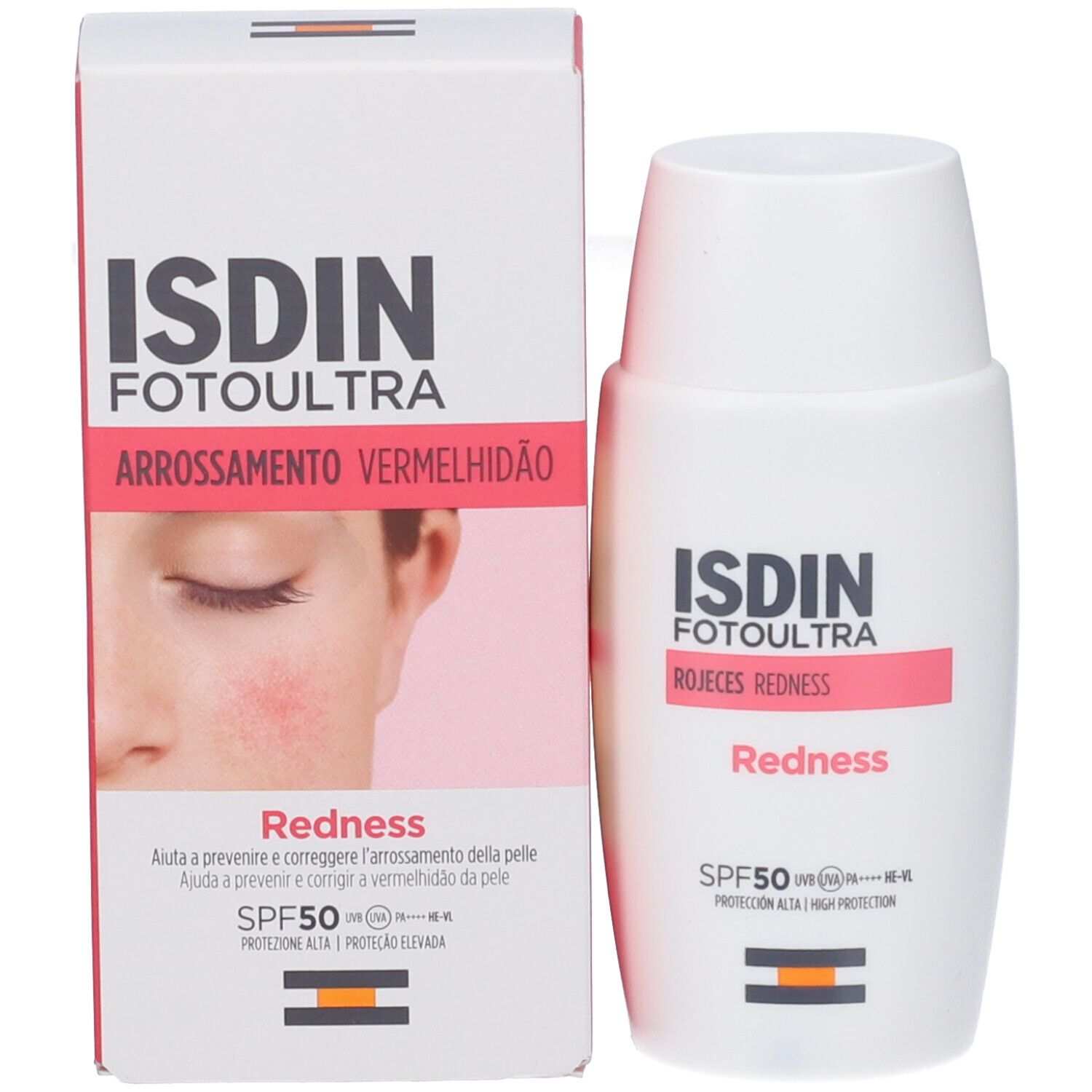 Prodotto e confezione. Flacone bianco accanto alla scatola. Testo: ISDIN Fotoultra, Redness, SPF 50. Immagine di un viso.
