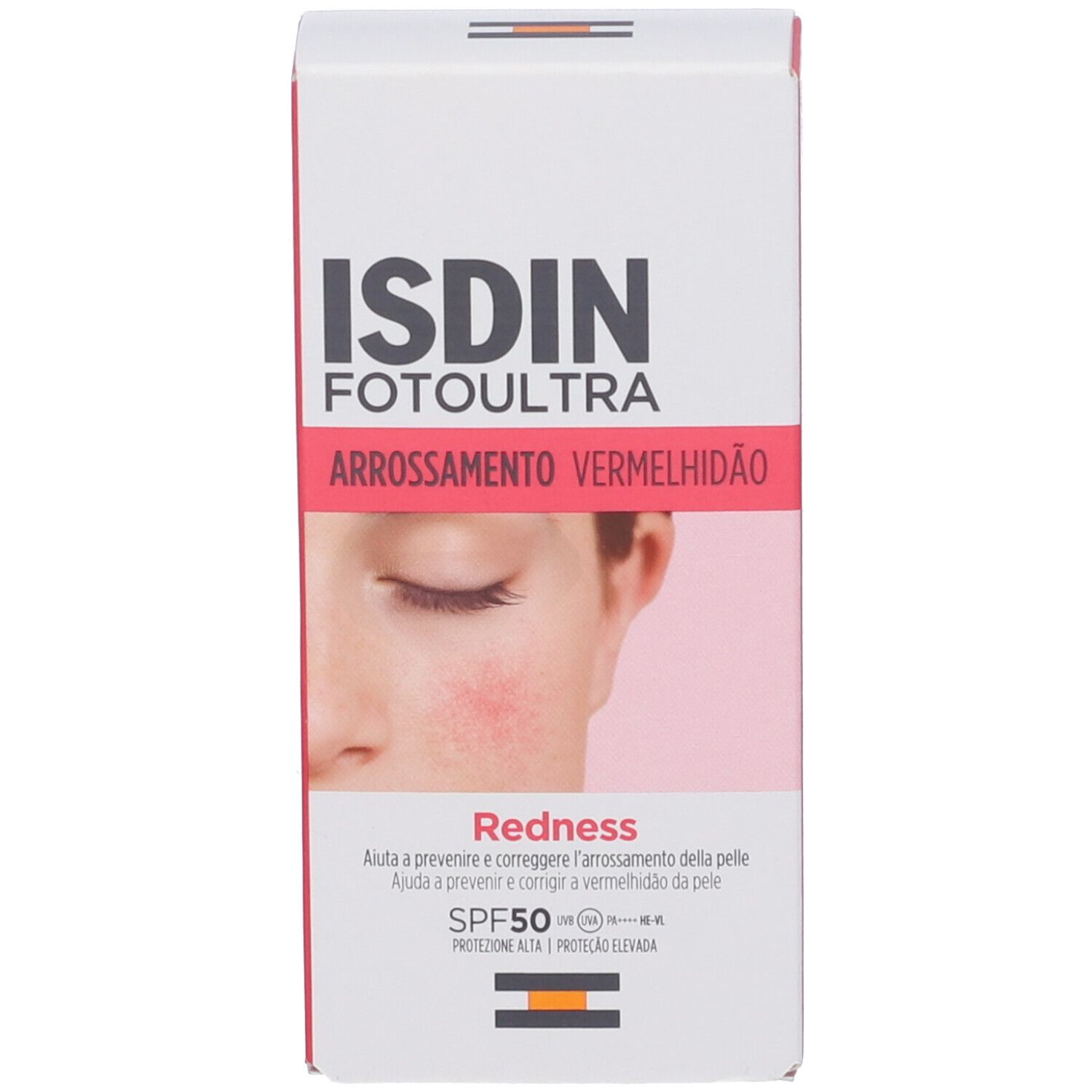 Confezione in cartone. Testo: ISDIN Fotoultra, Redness, SPF 50. Immagine di un viso con arrossamento.
