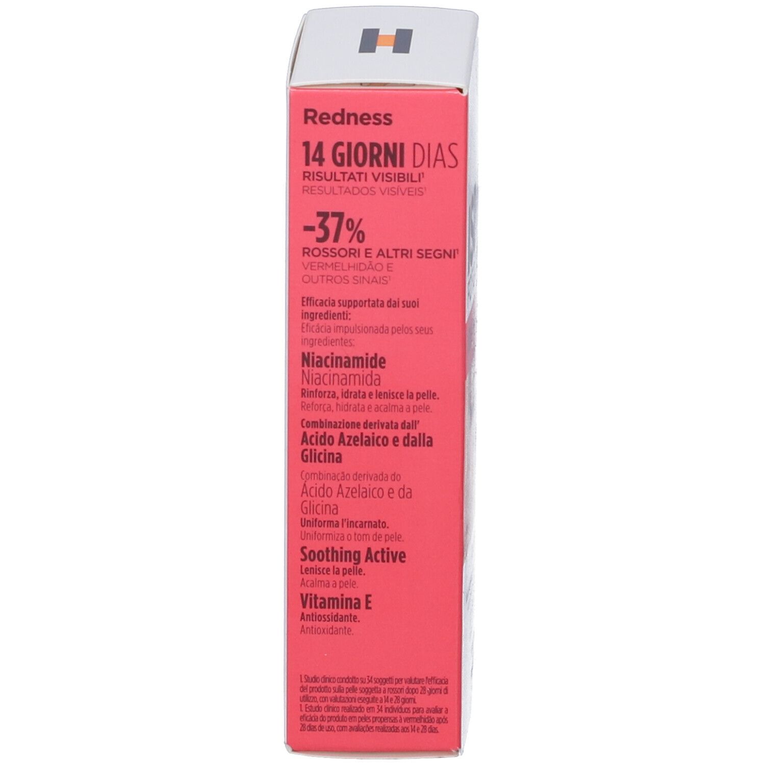 Lato della confezione in cartone. Testo: 14 GIORNI DIAS, -37% rossori. Ingredienti e informazioni.