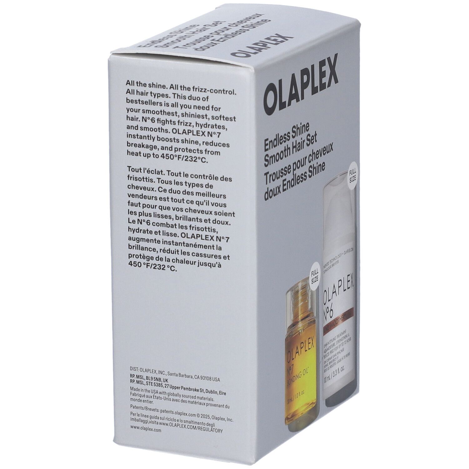 Vista laterale del set Olaplex Endless Shine. Testo: "All the shine. All the frizz-control". Prodotti visibili.