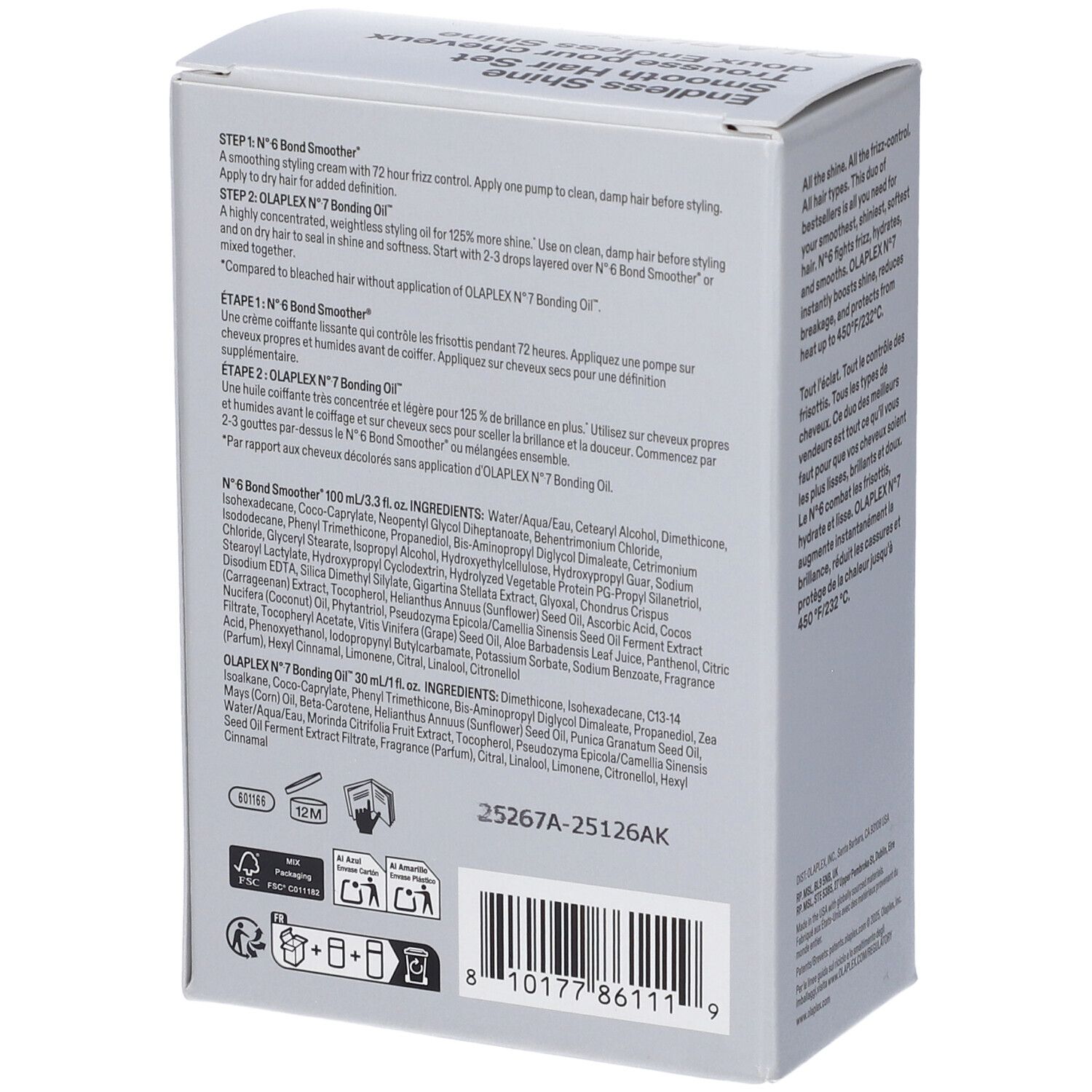 Retro del set Olaplex Endless Shine. Testo con ingredienti e istruzioni per N6 e N7.