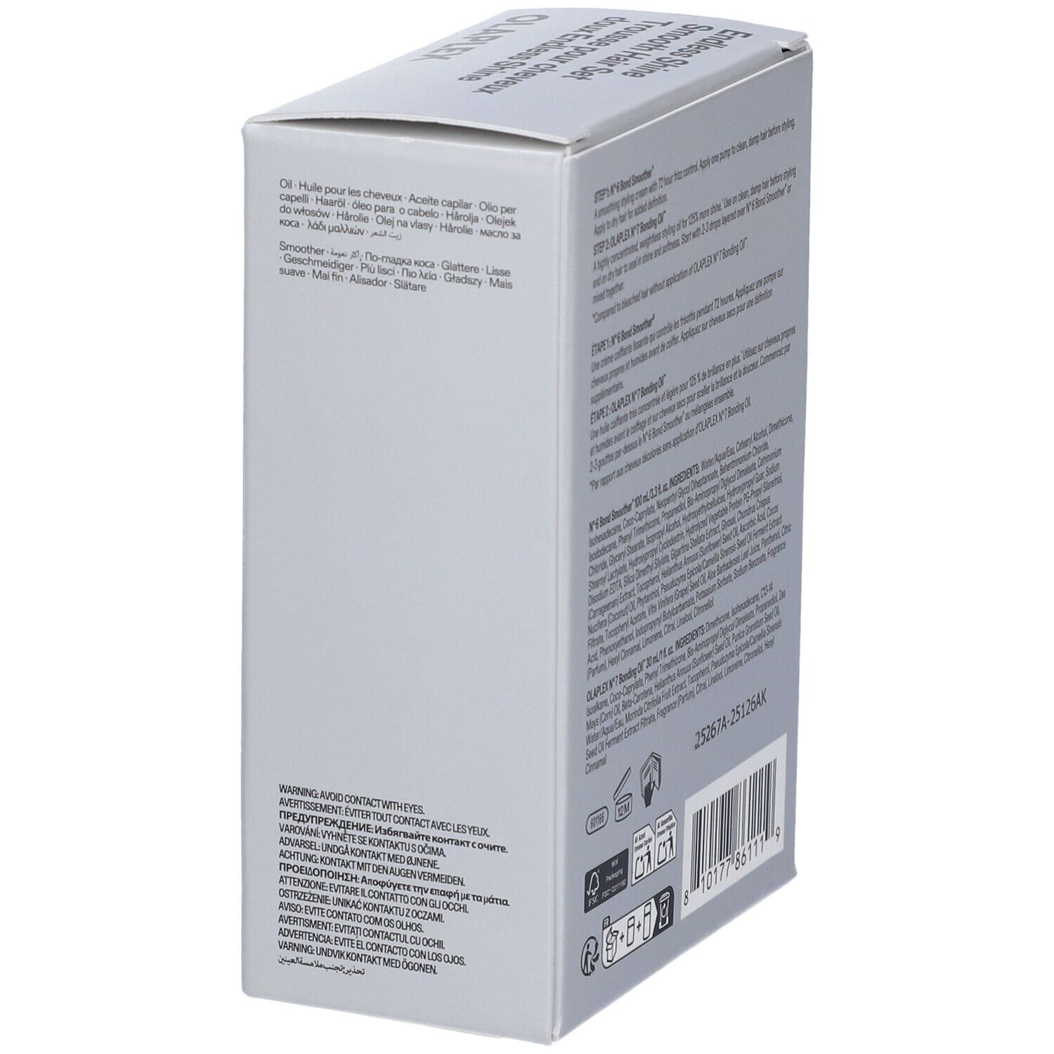 Vista laterale del set Olaplex Endless Shine. Testo multilingue. Codice a barre e avvertenze.
