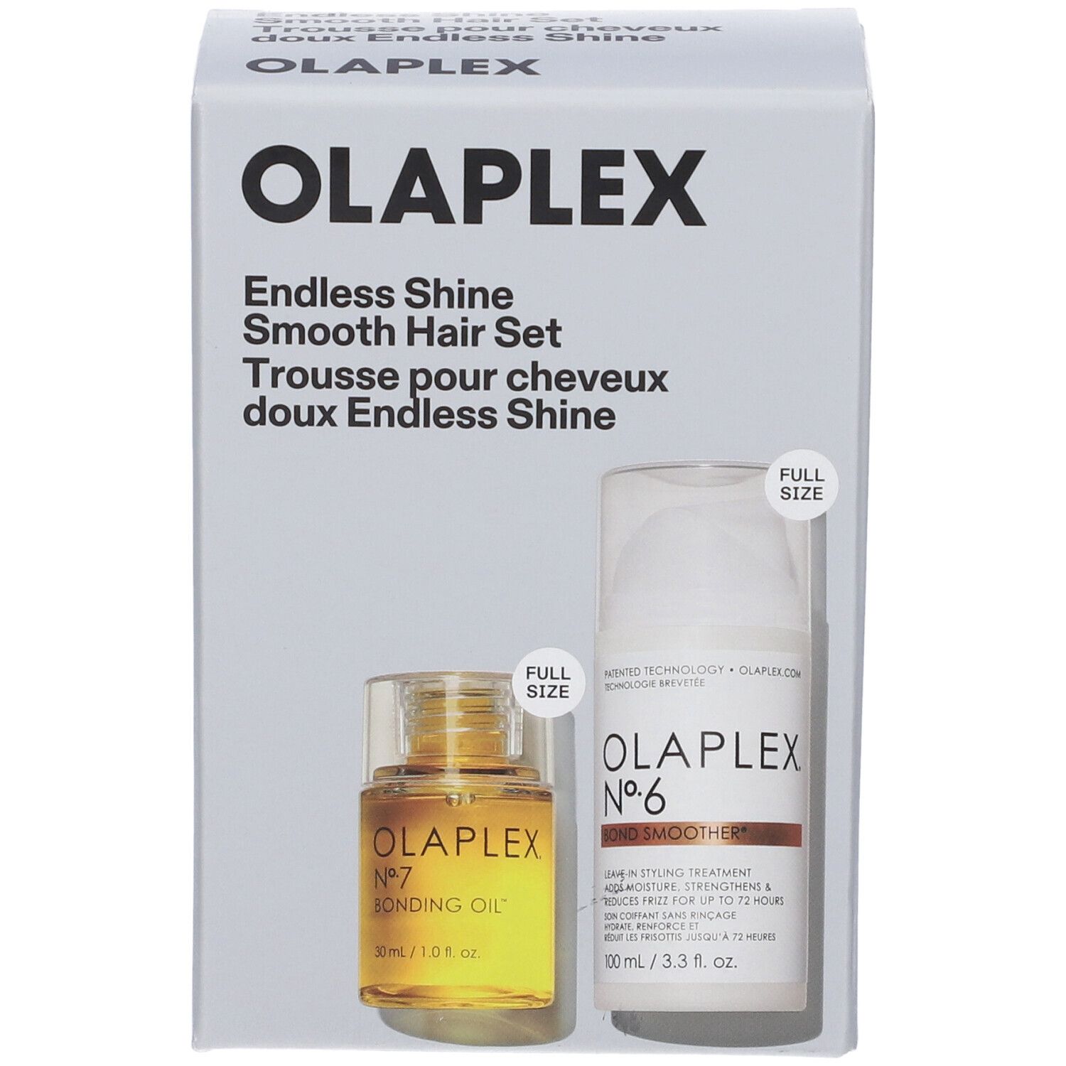 Set Olaplex Endless Shine. Scatola con crema styling N6 e olio N7. Etichetta "Full Size".