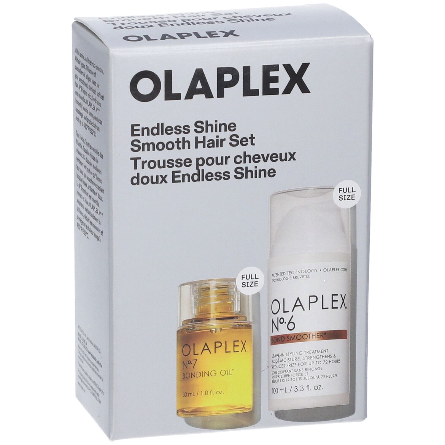 Set Olaplex Endless Shine. Scatola con crema styling N6 e olio N7. Etichetta "Full Size".