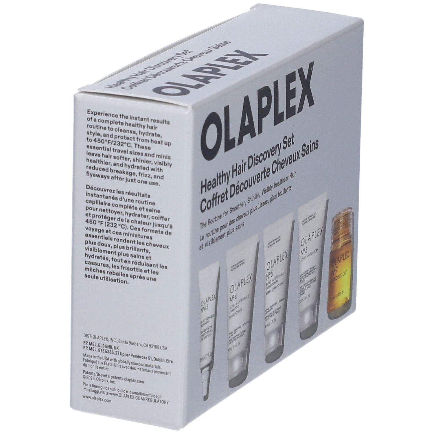 Set Olaplex Healthy Hair Discovery. Scatola bianca con nome e ingredienti. Contiene shampoo, balsamo, siero, crema styling e olio.