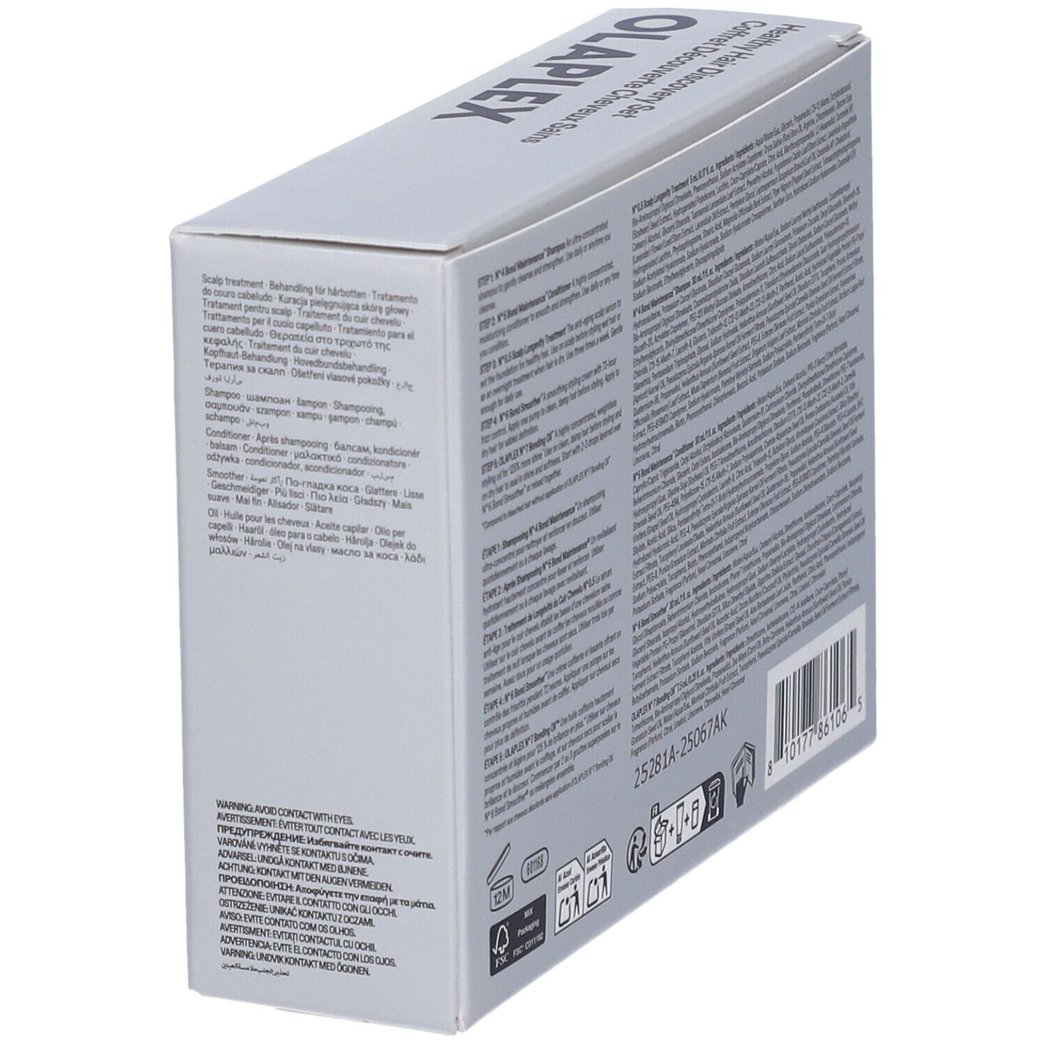 Lato della confezione Olaplex Healthy Hair Discovery Set. Testo con informazioni sul prodotto. Sfondo grigio.