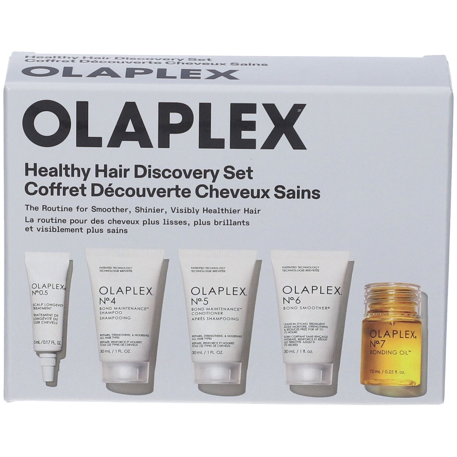 Set Olaplex Healthy Hair Discovery. Contiene shampoo, balsamo, siero, crema styling e olio per capelli. Confezione bianca.