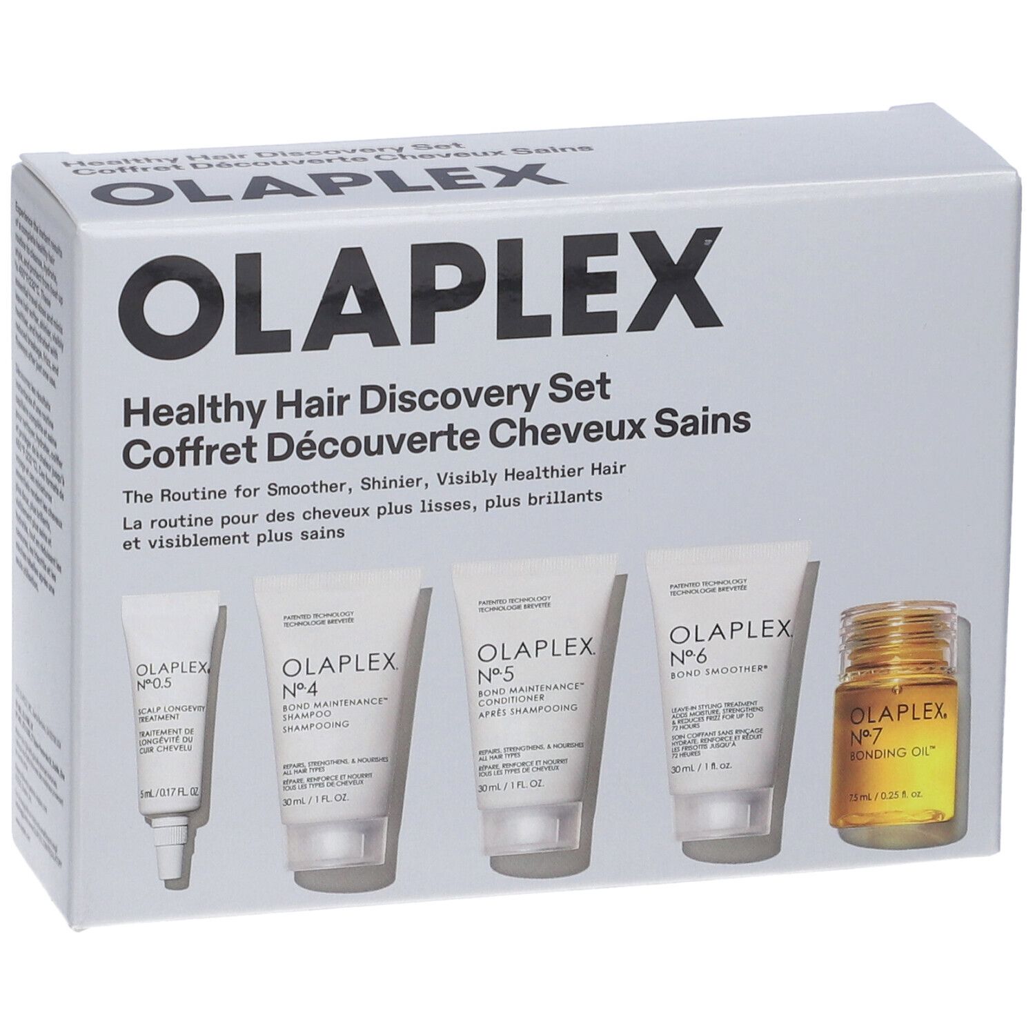 Set Olaplex Healthy Hair Discovery. Contiene shampoo, balsamo, siero, crema styling e olio per capelli. Confezione bianca.