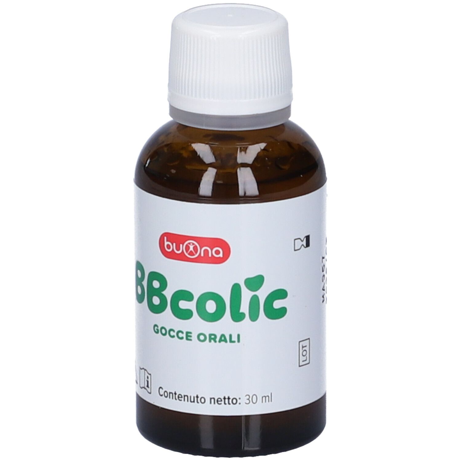 Flacone in vetro ambrato con tappo bianco ed etichetta.