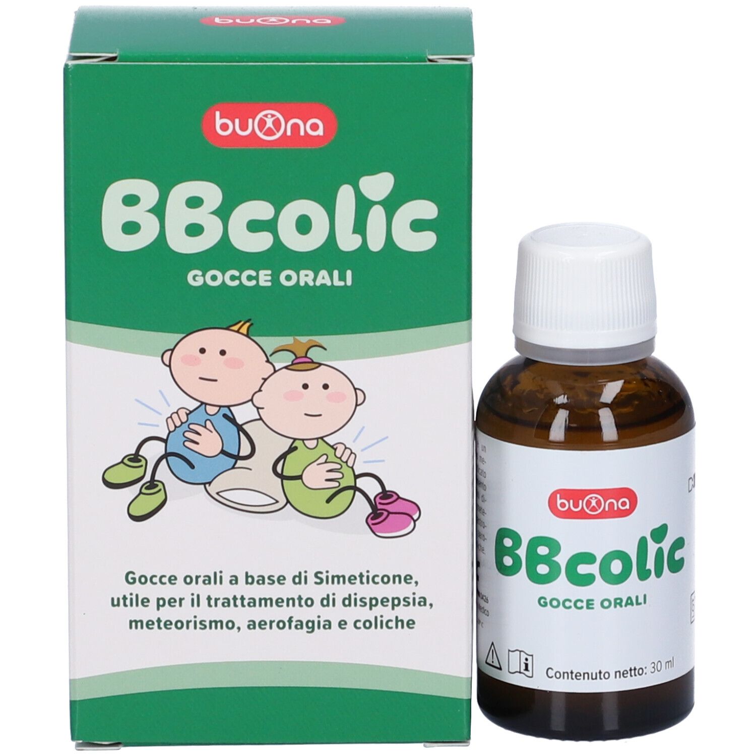 Flacone e scatola di 'BBcolic GOCCE ORALI'.