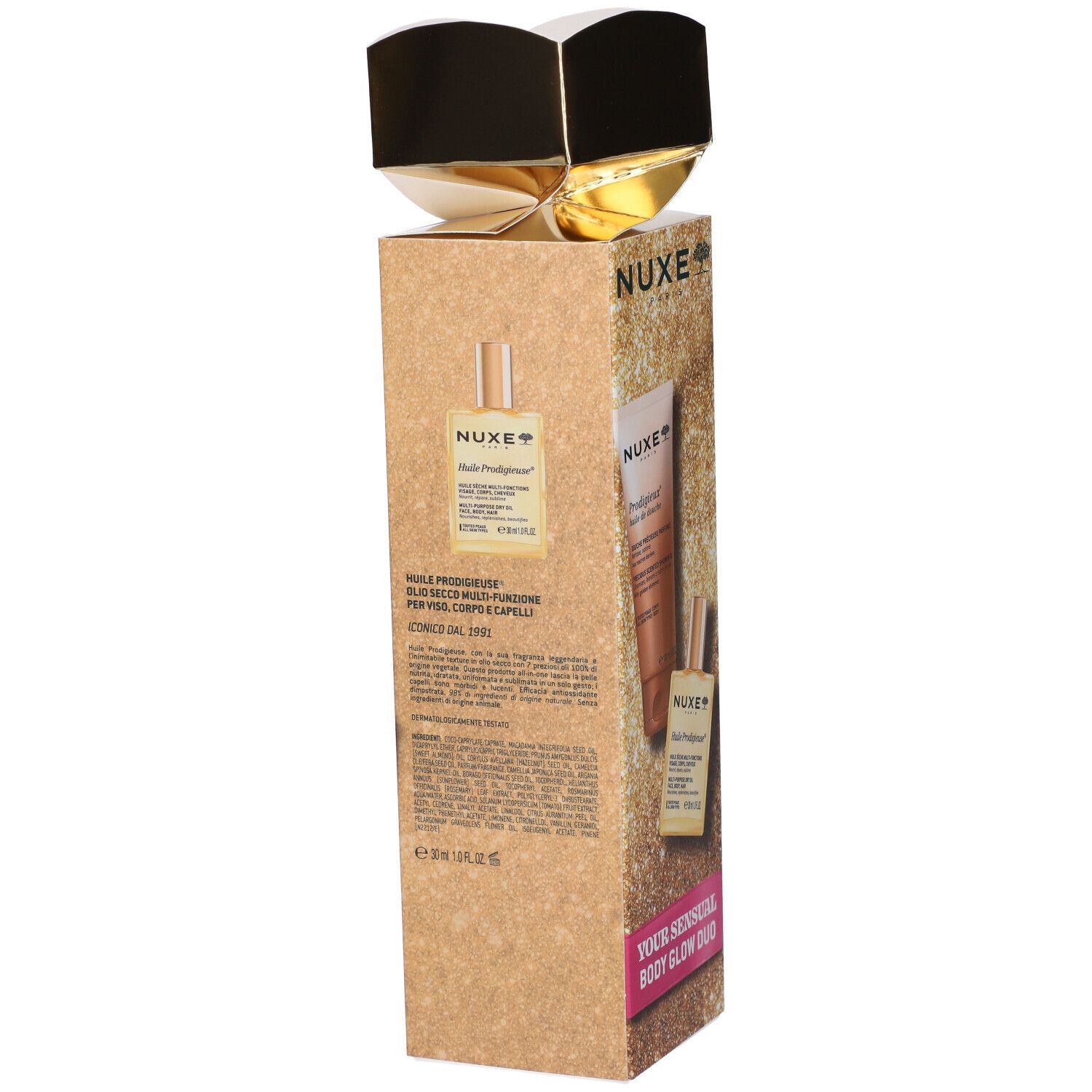 Confezione regalo Nuxe Body Glow Duo con olio corpo e latte corpo.