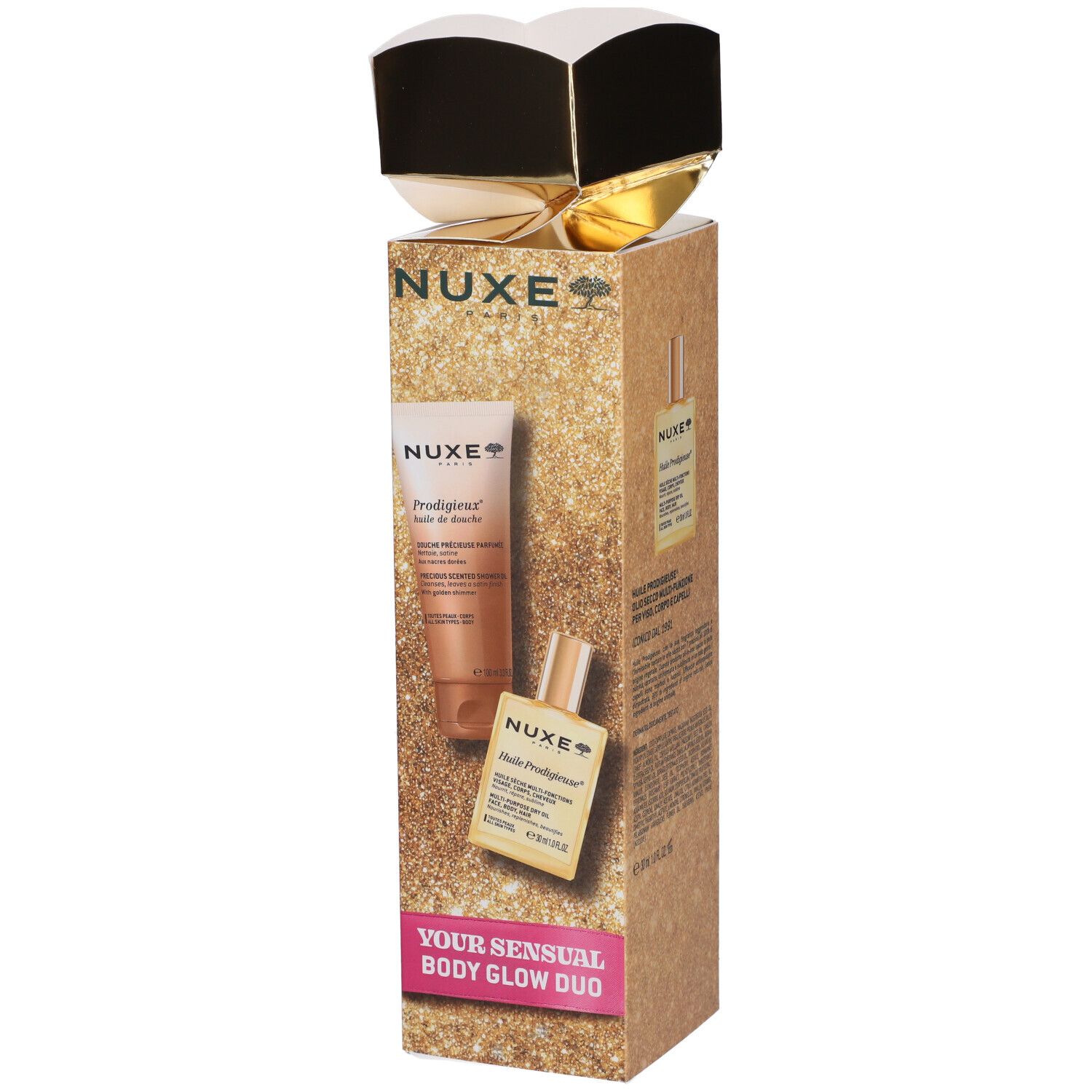 Confezione regalo Nuxe Body Glow Duo con un tubetto e una bottiglietta.
