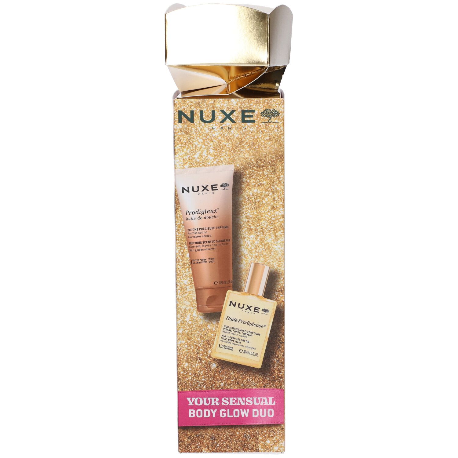 Confezione regalo Nuxe Body Glow Duo con un tubetto e una bottiglietta.