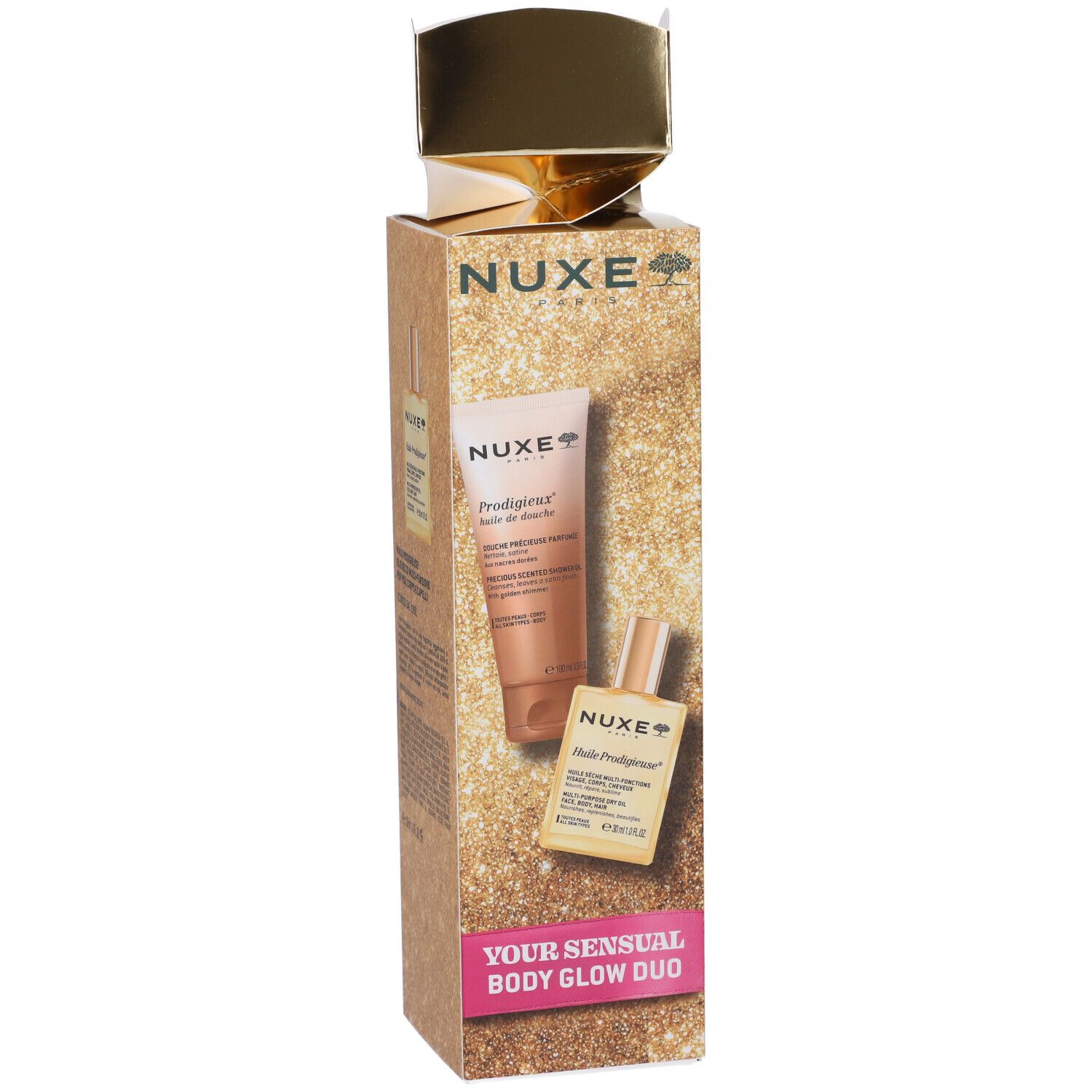 Confezione regalo Nuxe Body Glow Duo con olio corpo e latte corpo.
