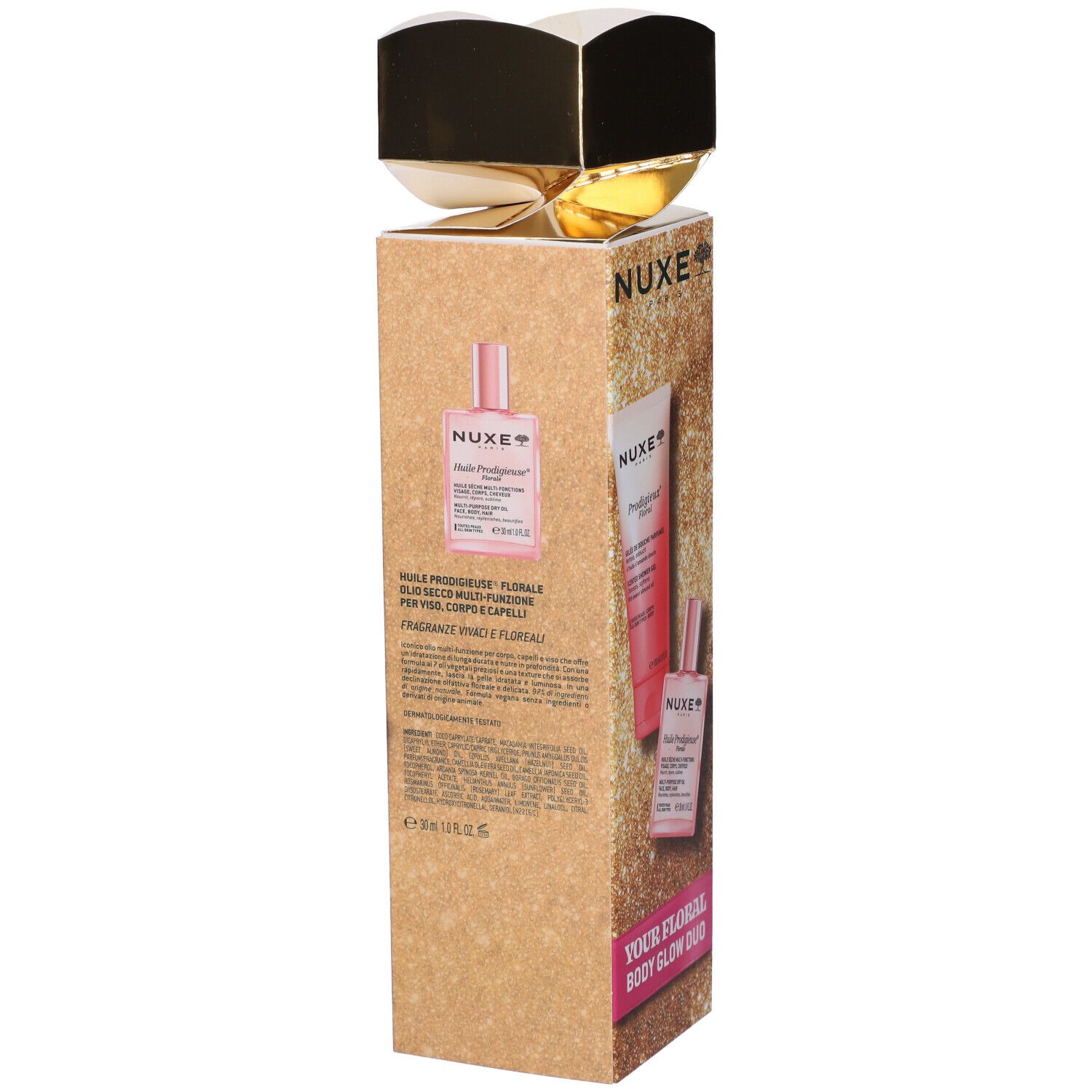 Set regalo Nuxe con due prodotti per la cura del corpo in confezione dorata e scintillante. Contiene crema e olio.