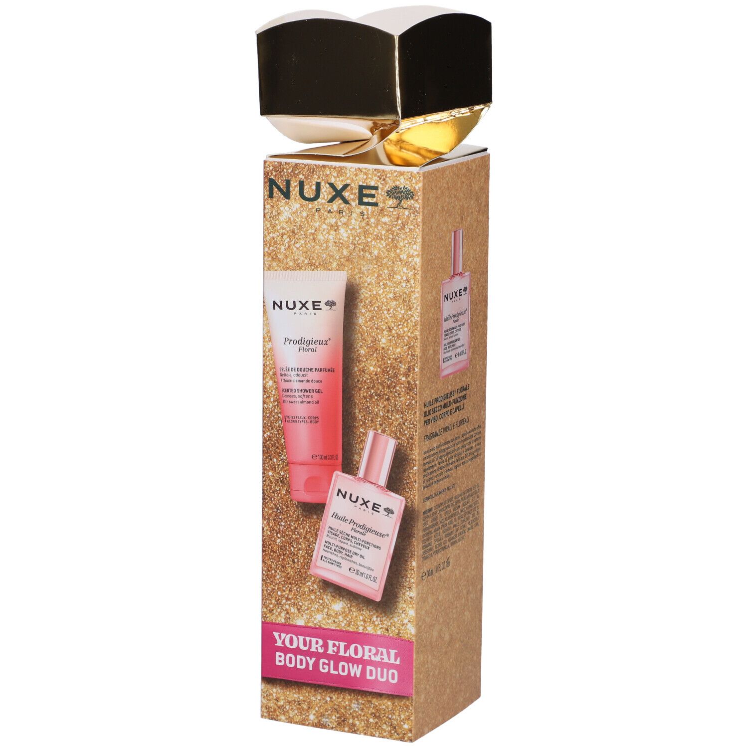 Confezione regalo Nuxe con Prodigieux Body Glow Duo, confezione scintillante.