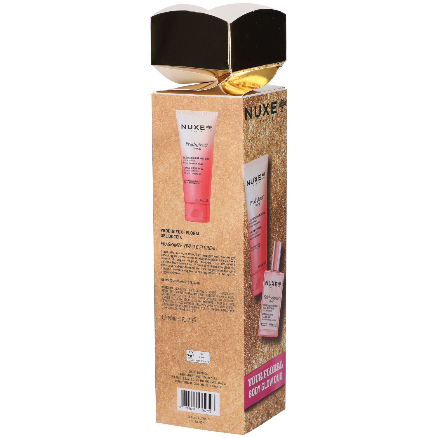 NUXE Prodigieux Floral Set, bagnoschiuma e acqua profumata, confezione regalo dorata.