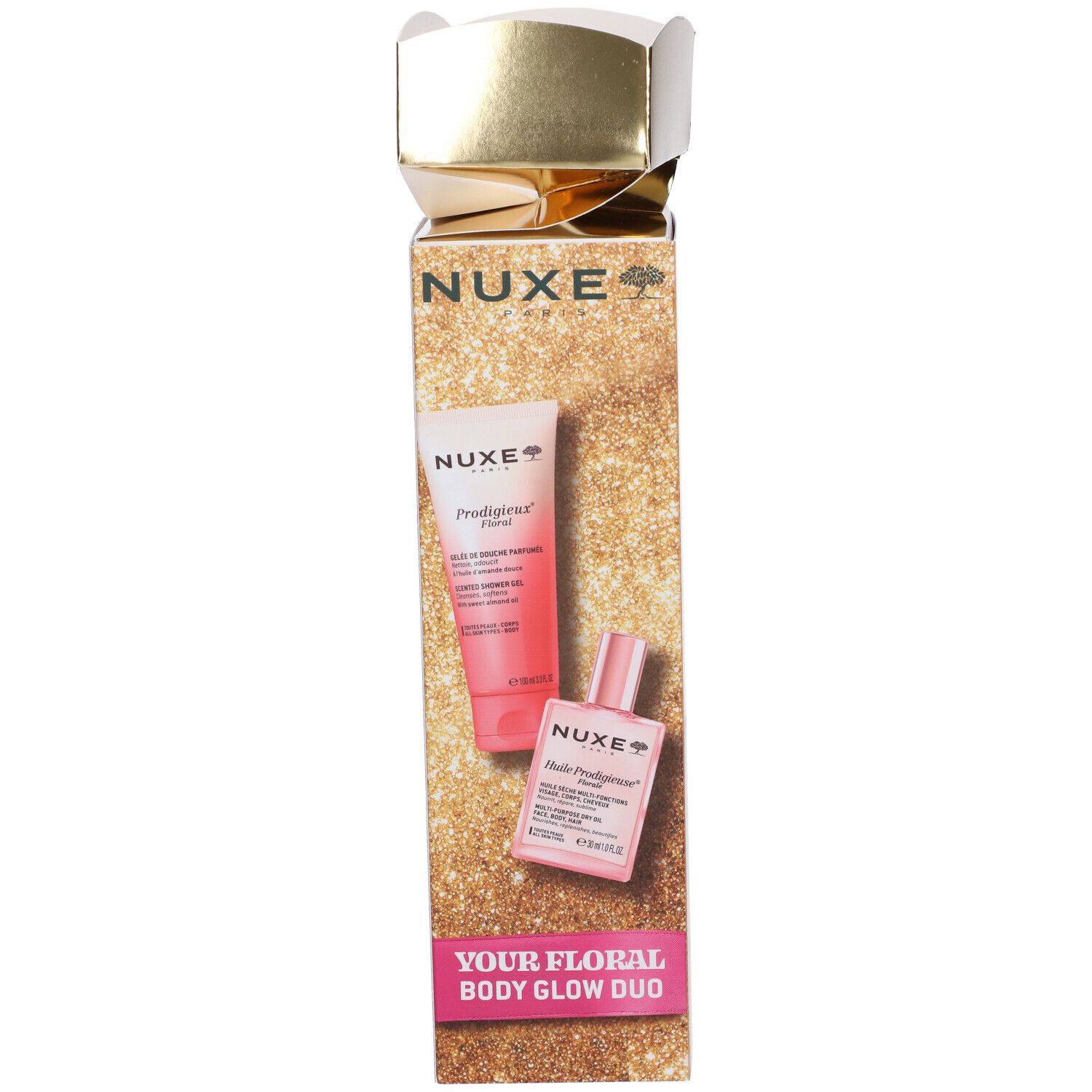 Confezione regalo Nuxe Prodigieux Body Glow Duo con tubo e flacone.