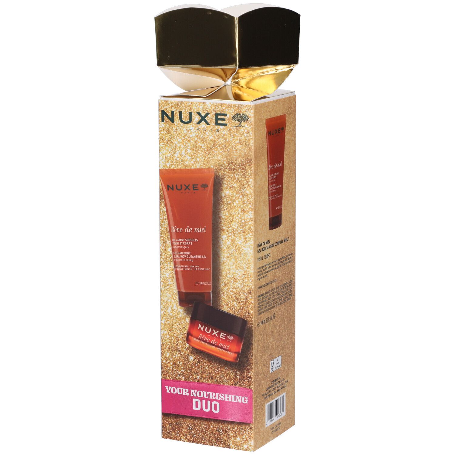 Nuxe Duo Nutriente Set con crema mani e balsamo labbra, retro.