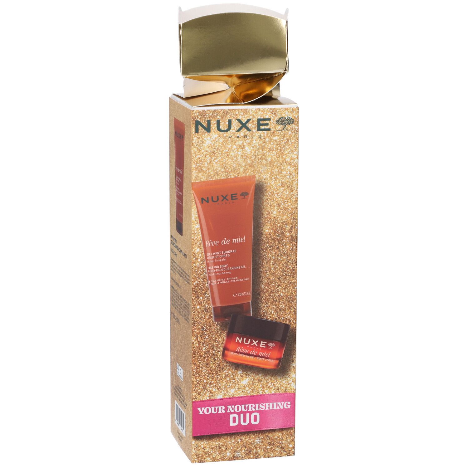 Set Nuxe Nourishing Duo: crema mani e balsamo labbra in confezione regalo scintillante.