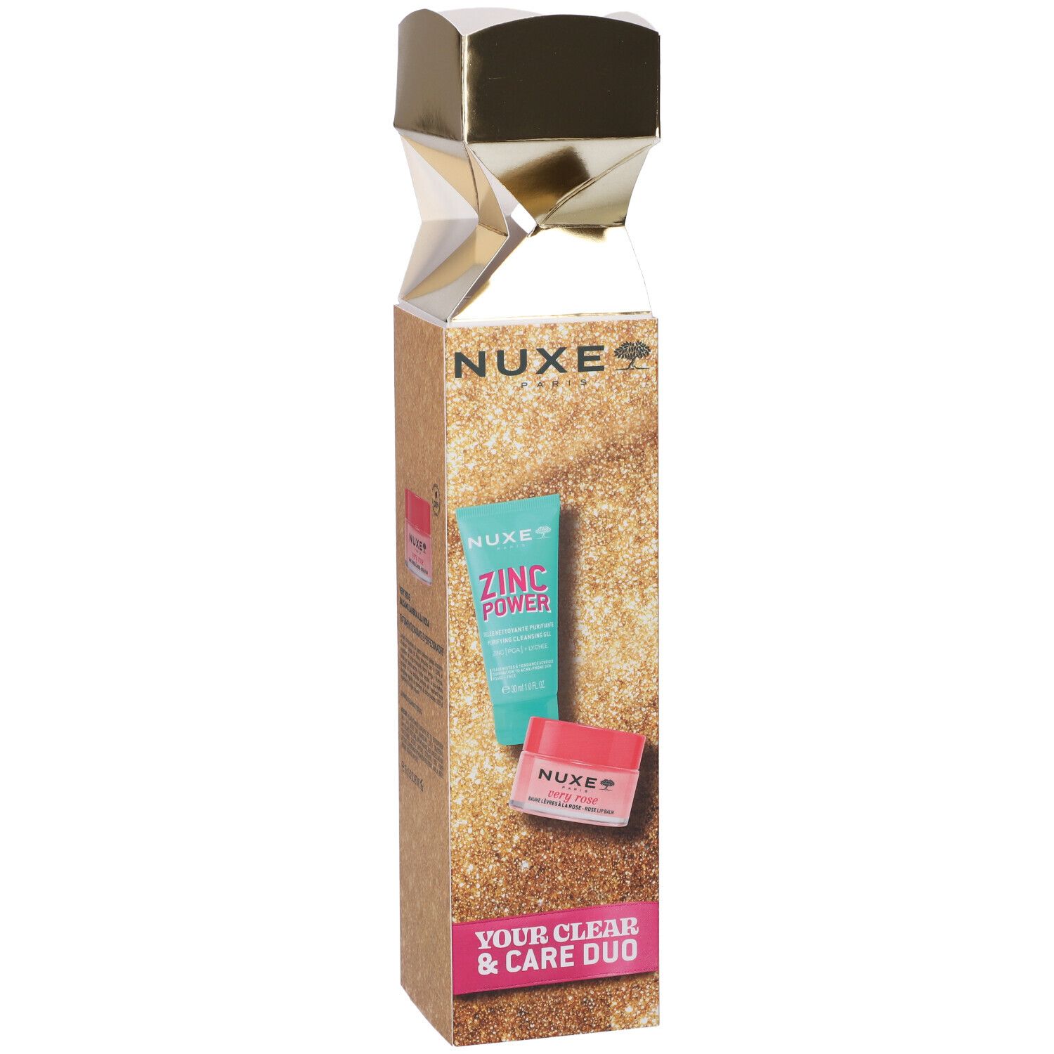 Confezione regalo Nuxe con Huile Prodigieuse, crema mani e balsamo labbra in confezione rosa.
