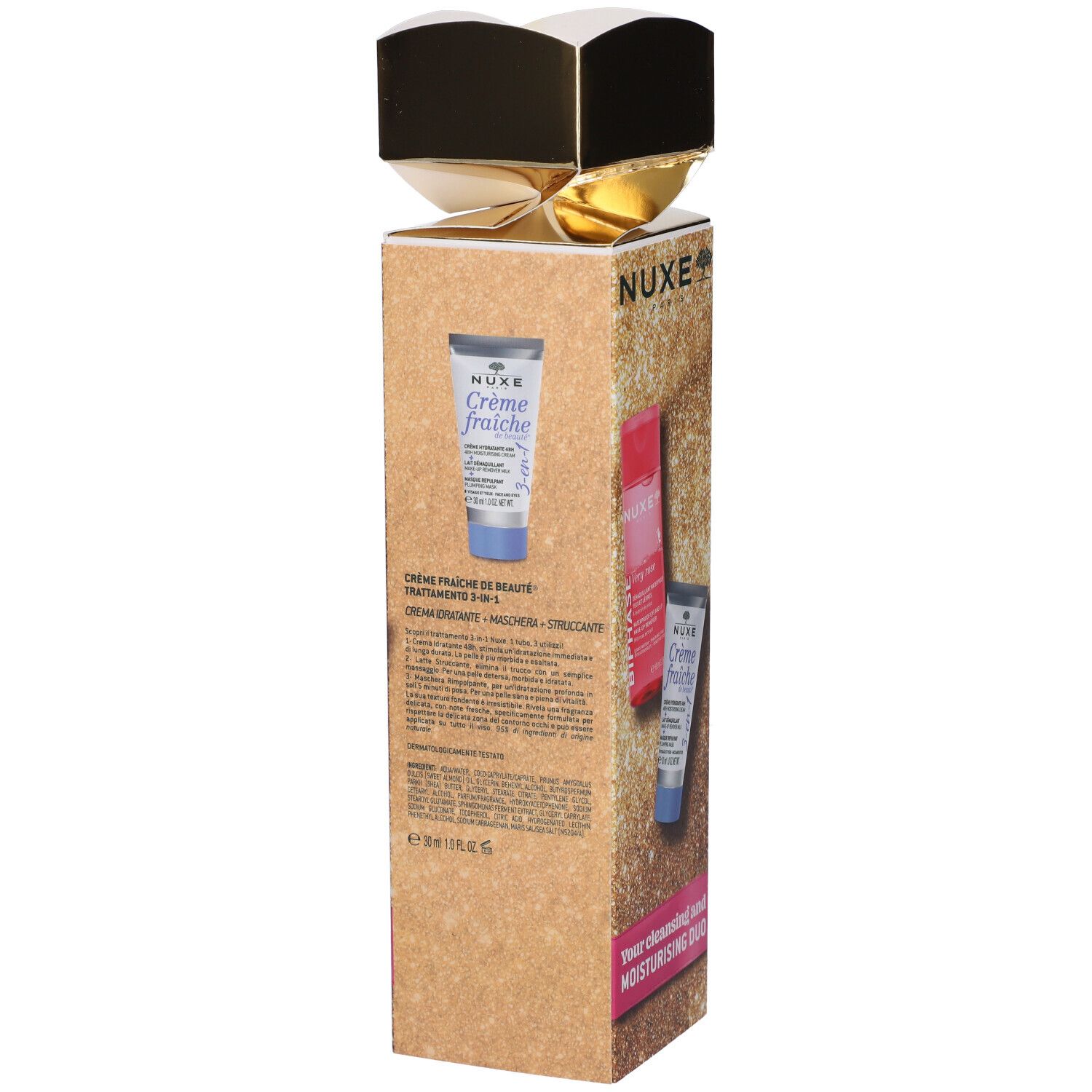 Confezione regalo Nuxe con Crème Fraîche de Beauté in confezione dorata e scintillante.