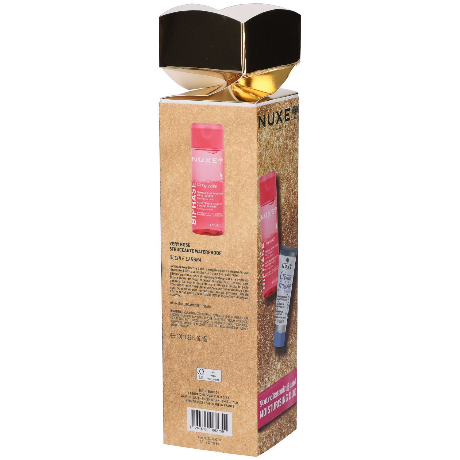 Confezione regalo NUXE con flacone e tubetti. Serie 'Prodigieux le Parfum' e 'Le Bain'.
