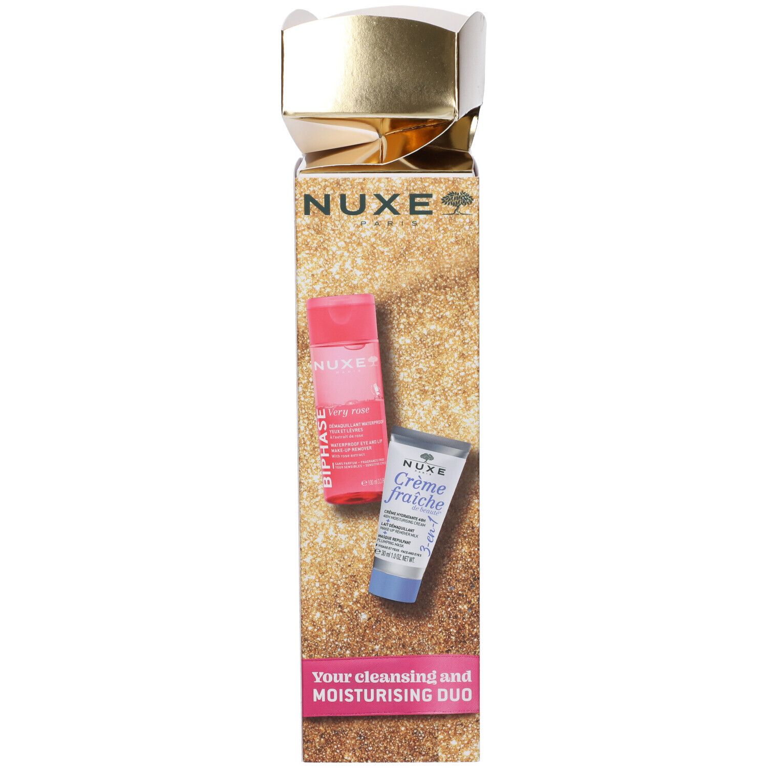 Confezione regalo Nuxe con Huile Prodigieuse, crema mani e balsamo labbra in confezione rosa.