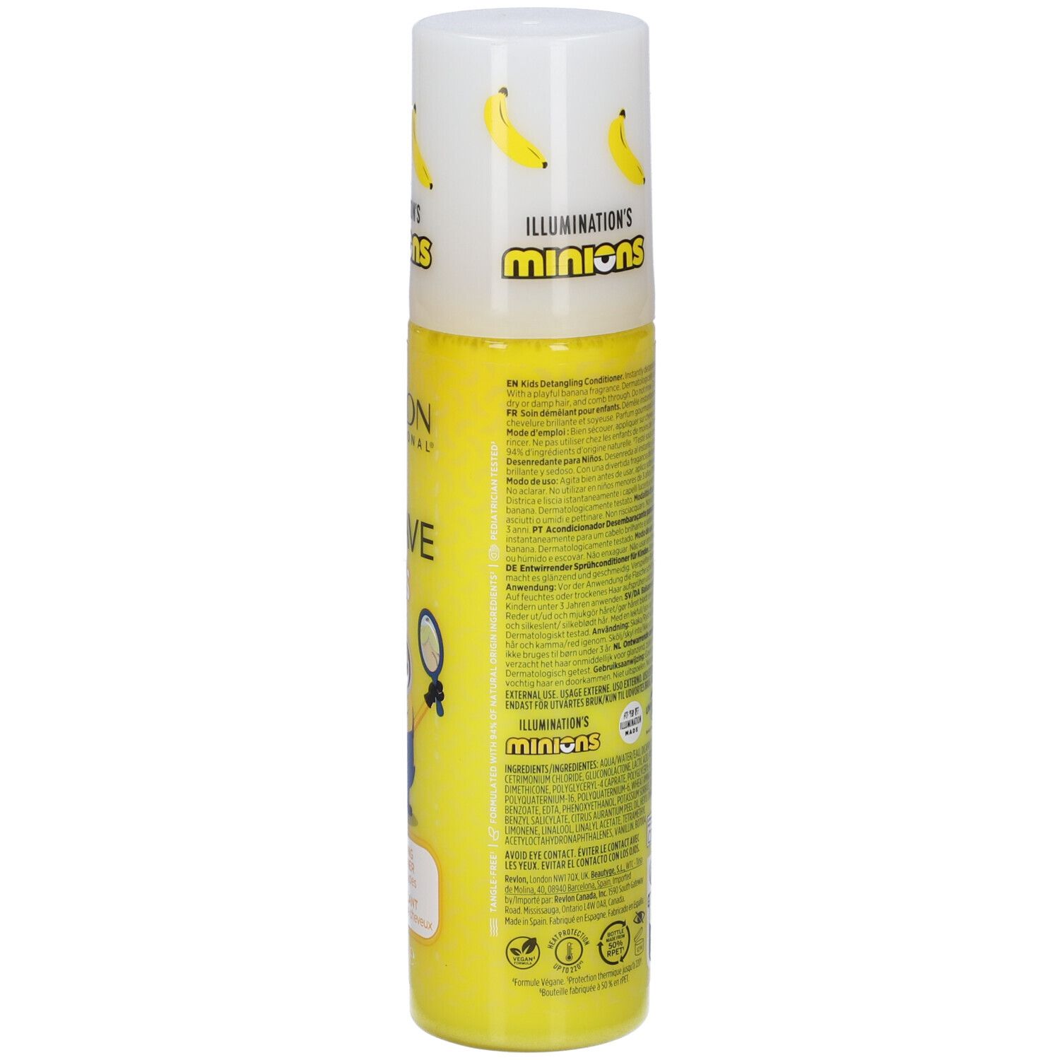 Flacone Revlon Equave Kids Minions, retro con informazioni prodotto e sigilli.
