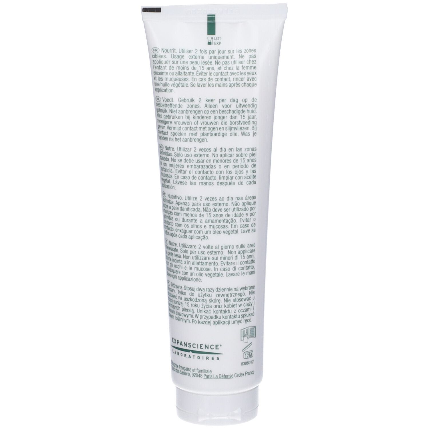 Tubo bianco con informazioni multilingue, striscia verde in alto.