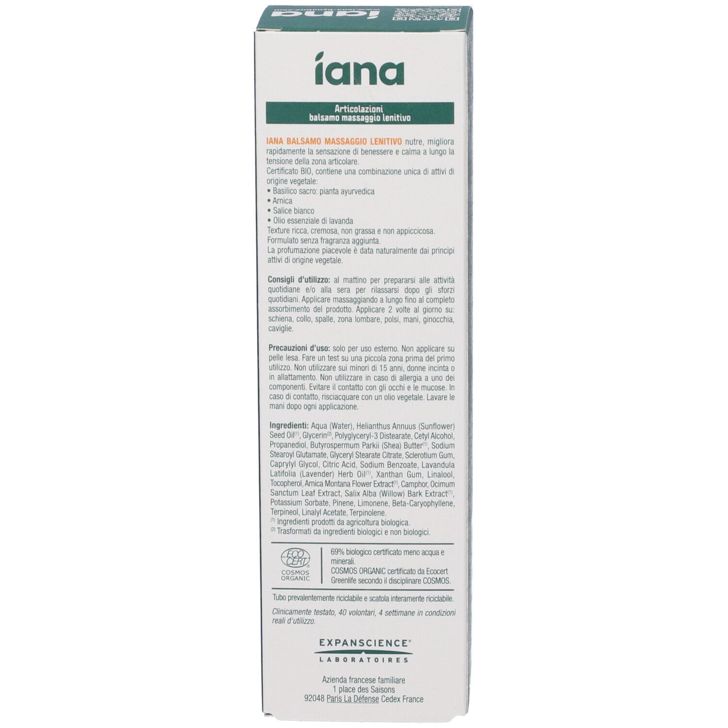 Confezione Iana Articulations Balsamo Massaggio Lenitivo con informazioni sul prodotto.