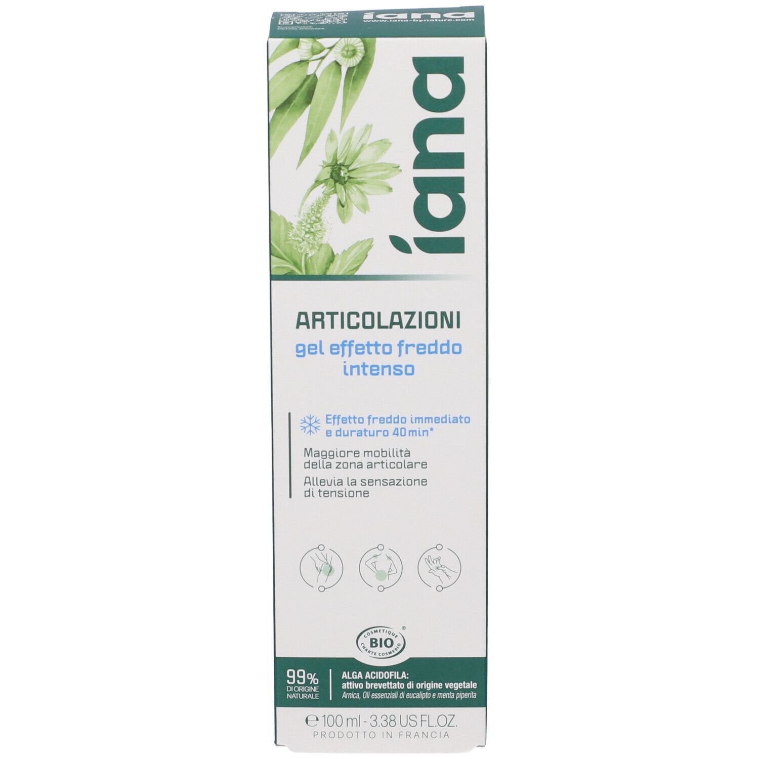 Tubo bianco con scritta verde, "iana ARTICOLAZIONI gel effetto freddo intenso", 100 ml.