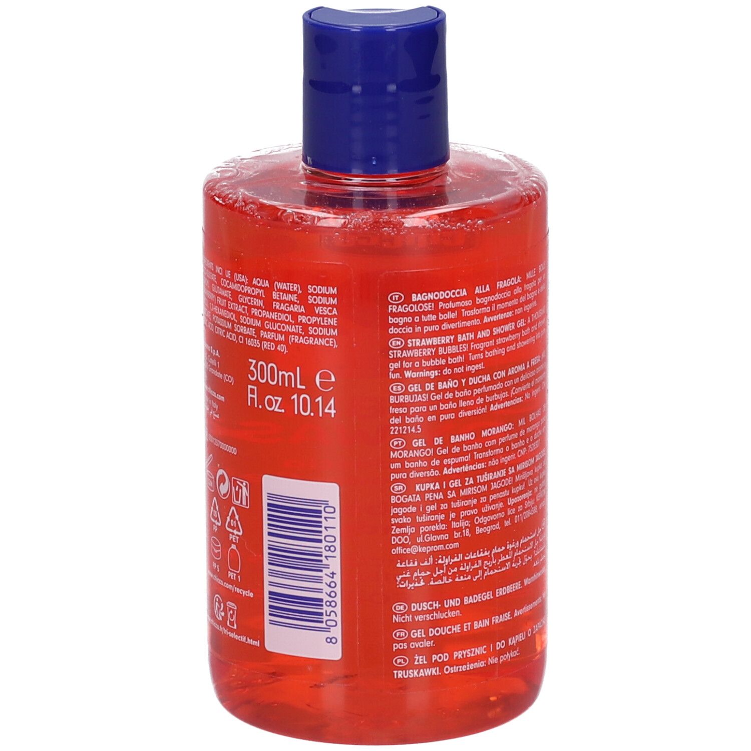 Flacone rosso di bagnoschiuma con tappo blu, 300ml.