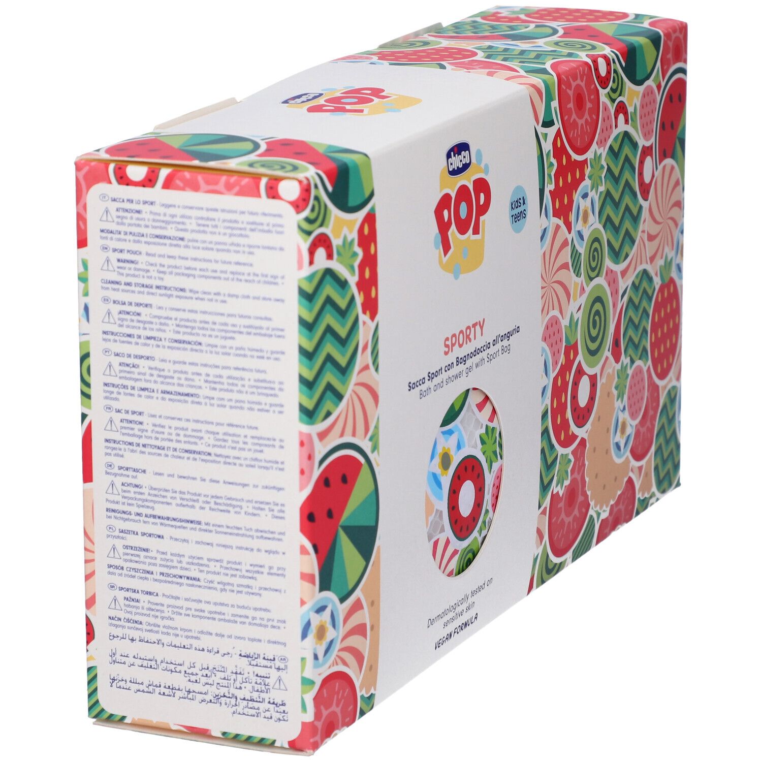 Confezione colorata a tema caramelle, mostra una bottiglia di bagnoschiuma e una borsa sportiva.