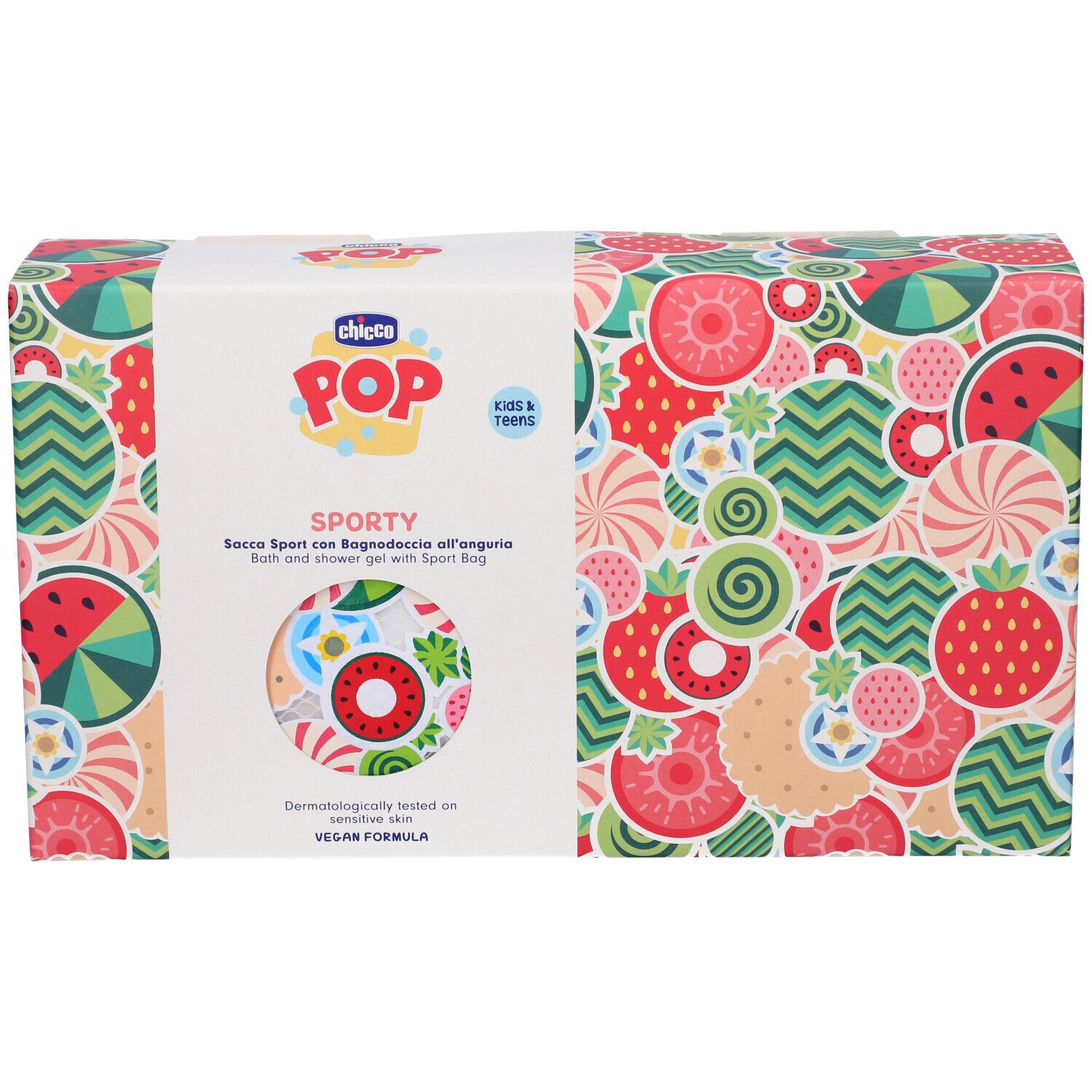 Set gel doccia Chicco POP Sporty con borsa sportiva, confezione colorata con frutta.