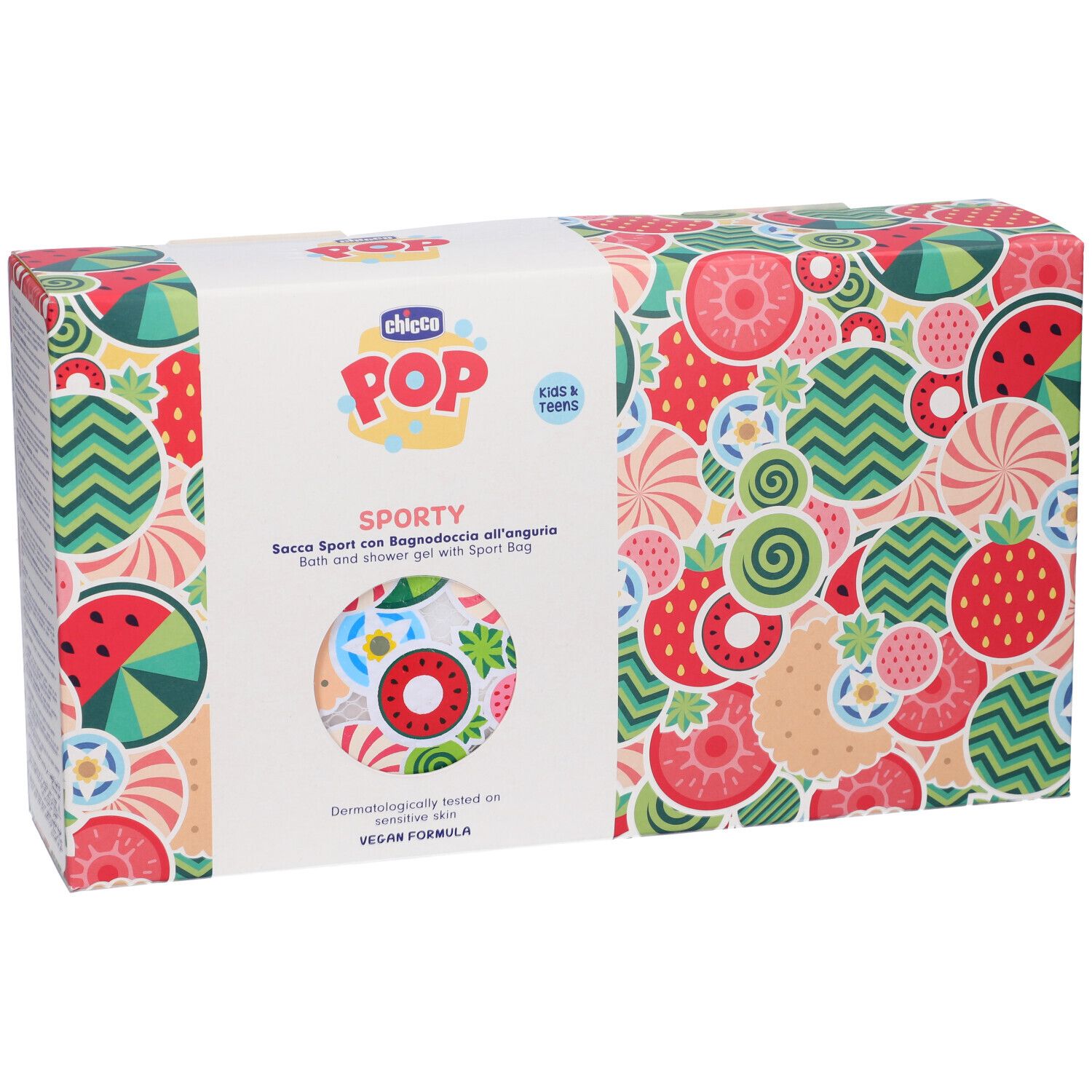 Set Chicco POP Sporty Bagnoschiuma con motivi colorati di frutta e geometrici.