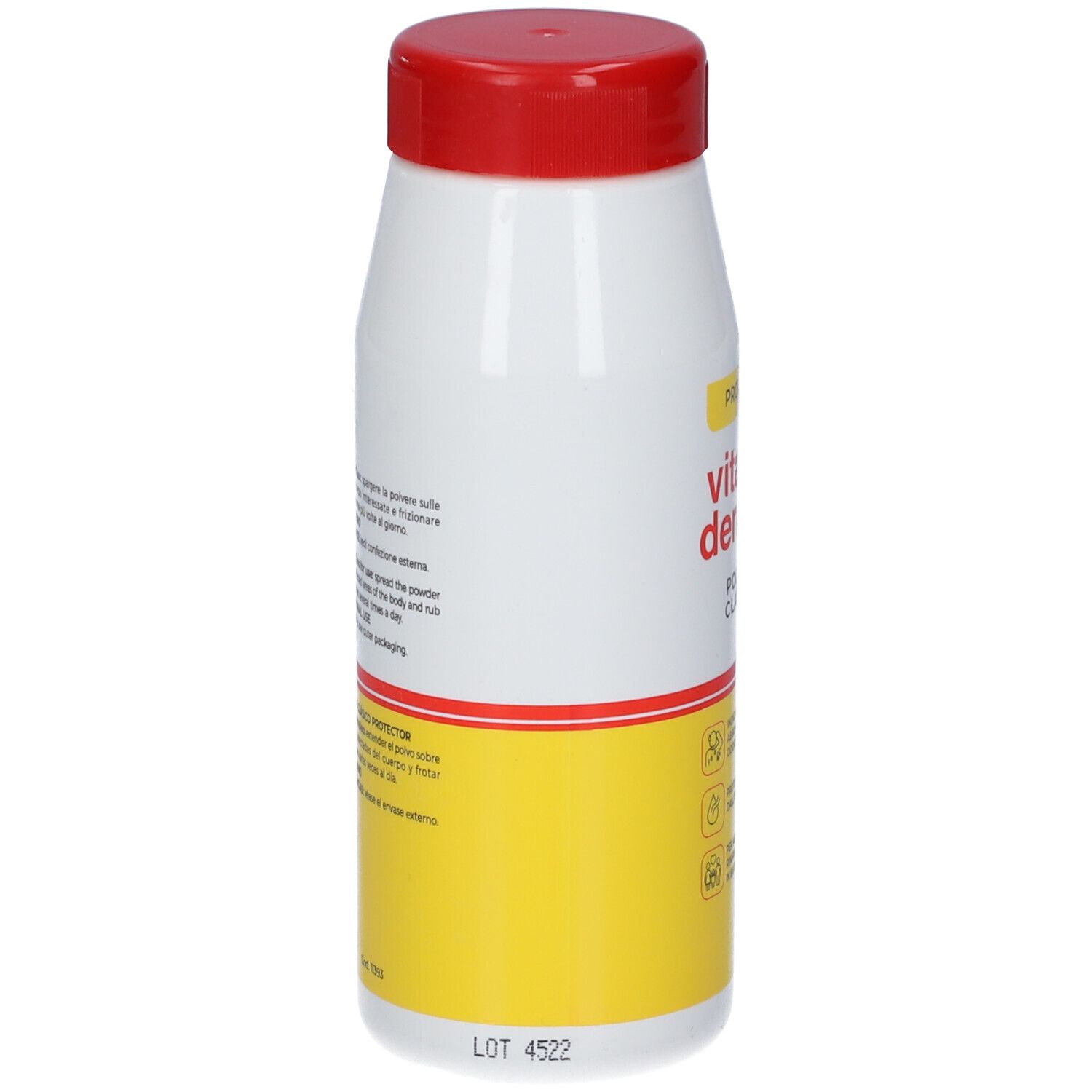 Flacone bianco-rosso con etichetta gialla. Scritta: vitamin dermina, polvere. Retro con testo.