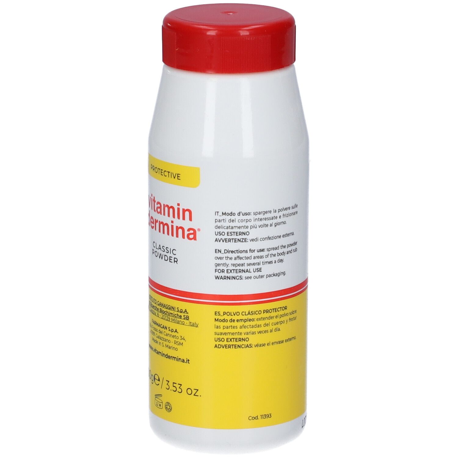 Flacone bianco-rosso con etichetta gialla. Scritta: vitamin dermina, polvere. Testo e istruzioni per l'uso.